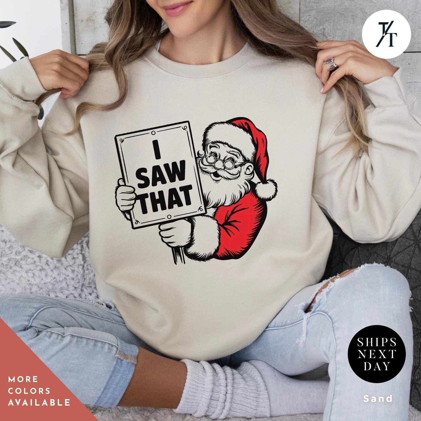 a woman wearing a sweatshirt with a santa clause holding a sign, i saw that sweatshirt Retro Christmas Sweatshirt, Santa Sweatshirts, Funny Christmas Sweater Santa Claus Sweater, Funny Holiday Sweatshirts