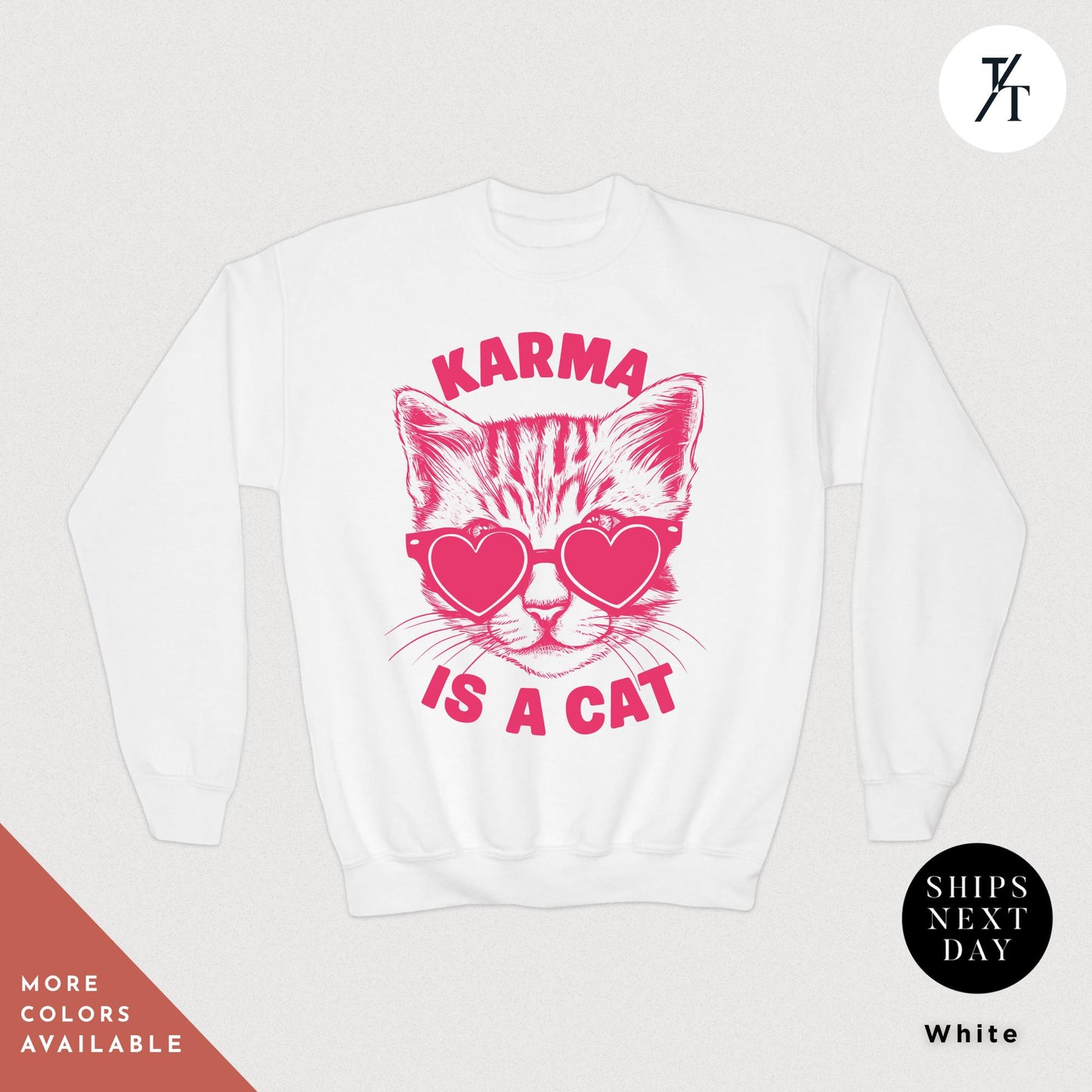 a white sweater with a cat wearing sunglasses, Karma is a cat sweatshirt kids, Swiftie Kids Sweater, Swiftie Kid Clothes Gift For Her Kid Christmas Gift Cat Lovers shirt Taylor Swift