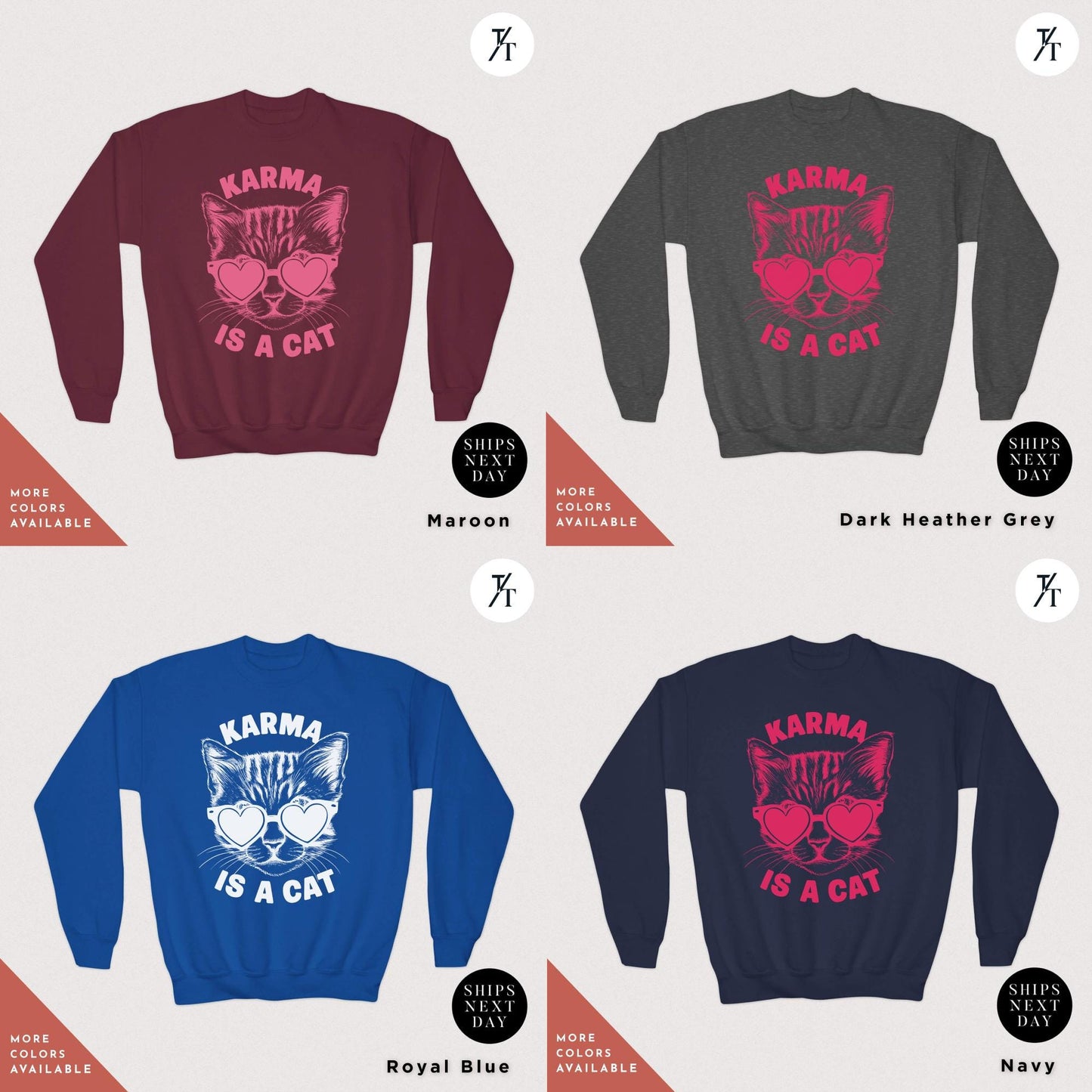 a bunch of sweaters that are on a table, Karma is a cat sweatshirt kids, Swiftie Kids Sweater, Swiftie Kid Clothes Gift For Her Kid Christmas Gift Cat Lovers shirt Taylor Swift