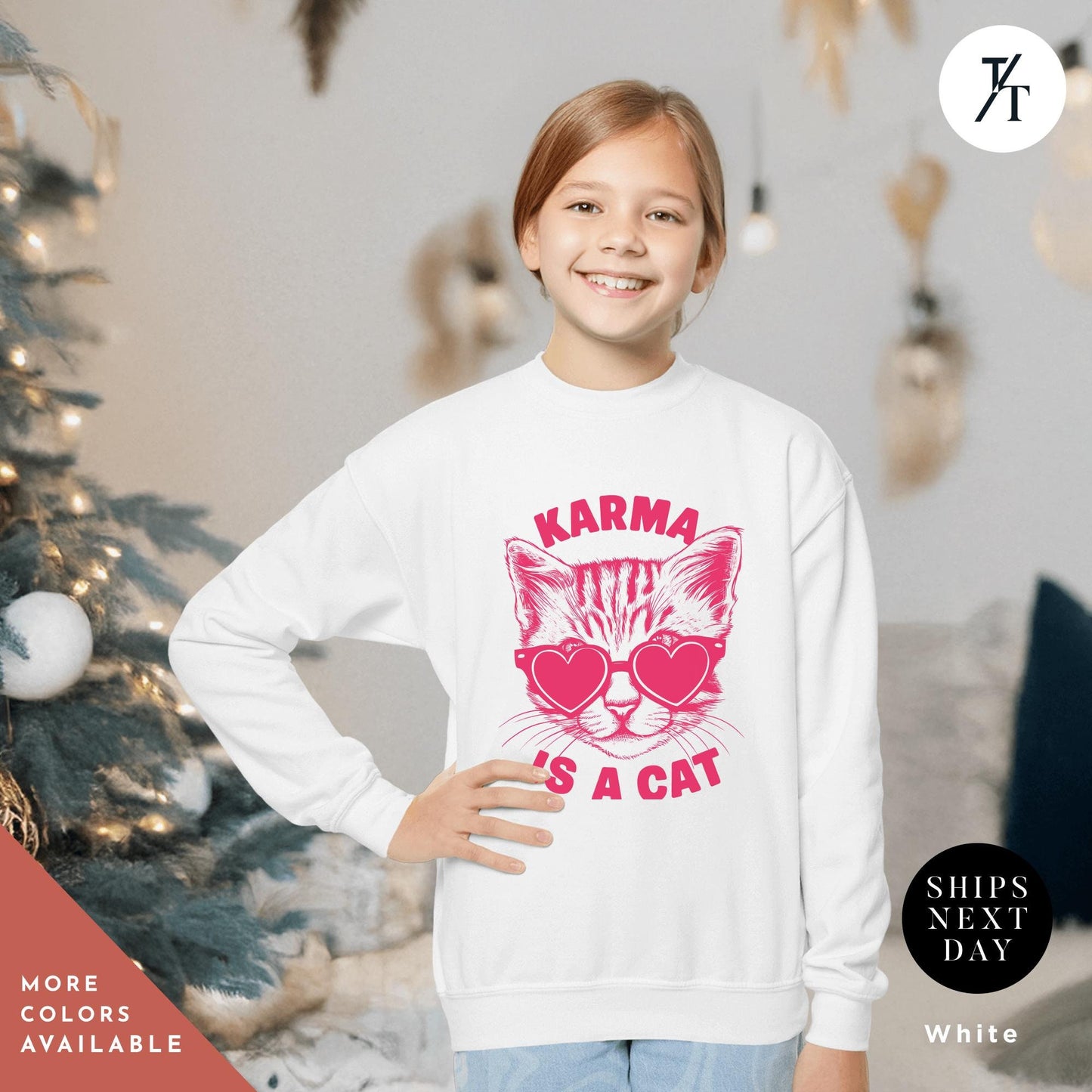 a young girl wearing a sweater with a cat wearing glasses, Karma is a cat sweatshirt kids, Swiftie Kids Sweater, Swiftie Kid Clothes Gift For Her Kid Christmas Gift Cat Lovers shirt Taylor Swift