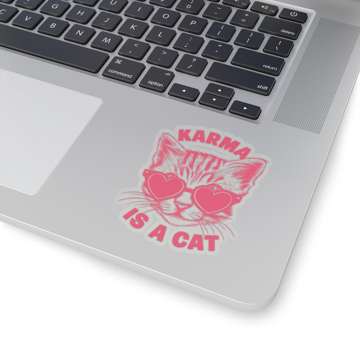 a laptop with a sticker of a cat wearing sunglasses, Karma Is A Cat Decal Taylor Swift Sticker, Karma Cat Sticker Taylor Swift Merch Water Bottle Vinyl Laptop Stickers Eras Tour Cute Cats Decal