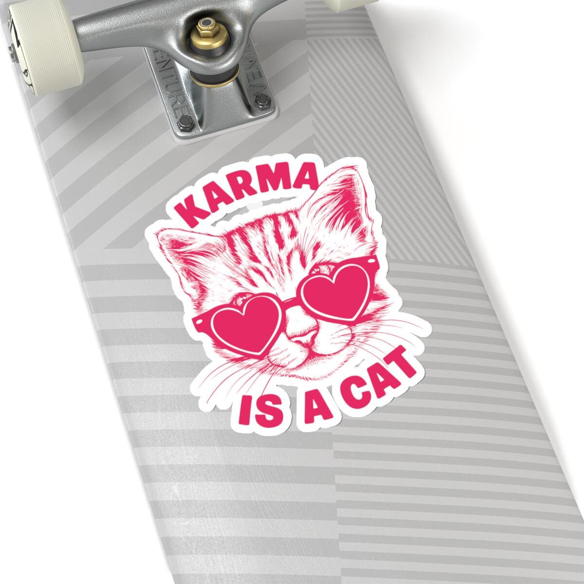 a skateboard with a picture of a cat on it, Karma Is A Cat Decal Taylor Swift Sticker, Karma Cat Sticker Taylor Swift Merch Water Bottle Vinyl Laptop Stickers Eras Tour Cute Cats Decal