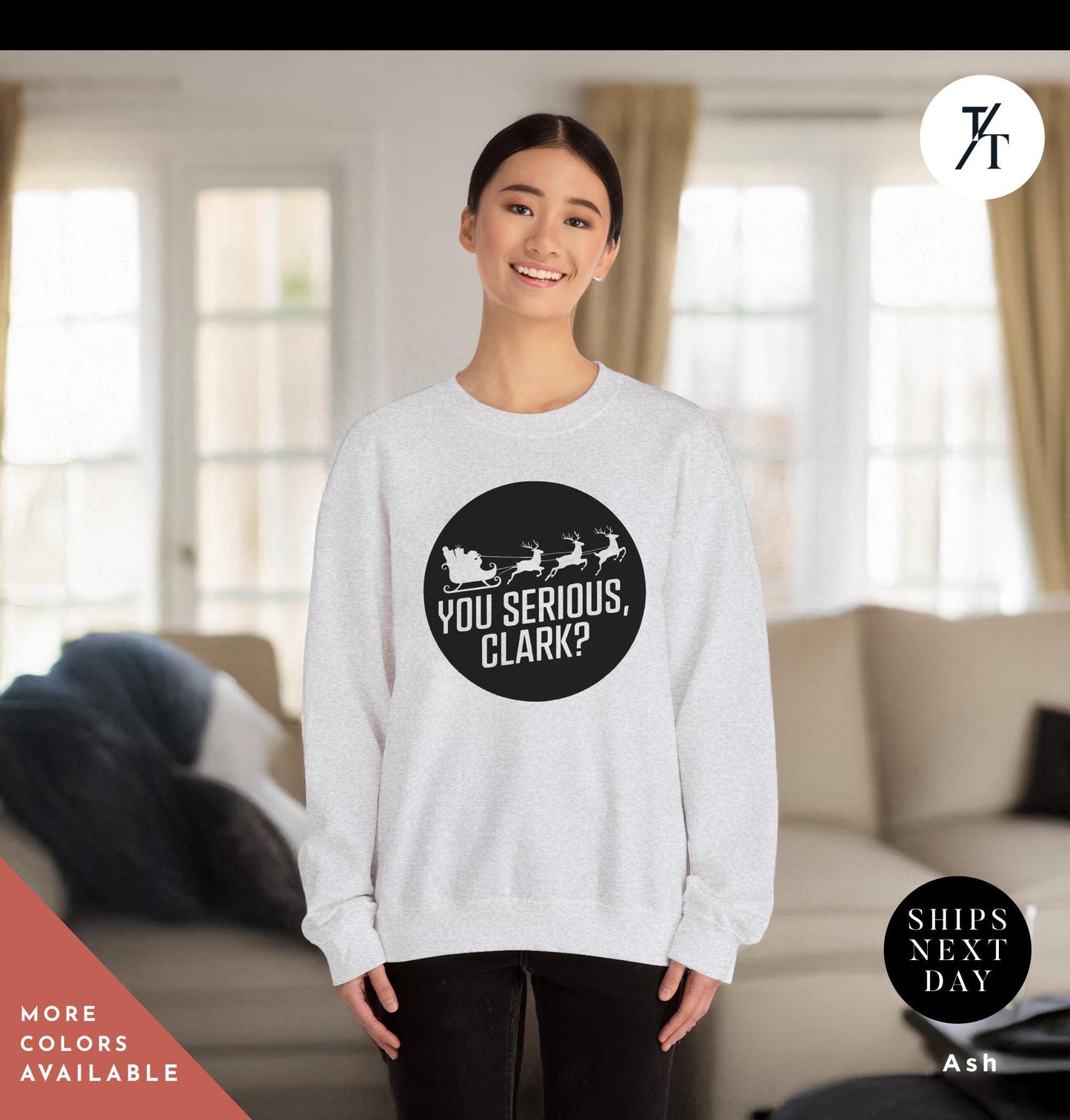a woman wearing a white sweatshirt with the words you serious clark on it, You serious clark retro 90s Christmas vacation national lampoons Christmas Sweatshirt, Griswold'S Shirt Ugly Shitters Full Movie Quote tee