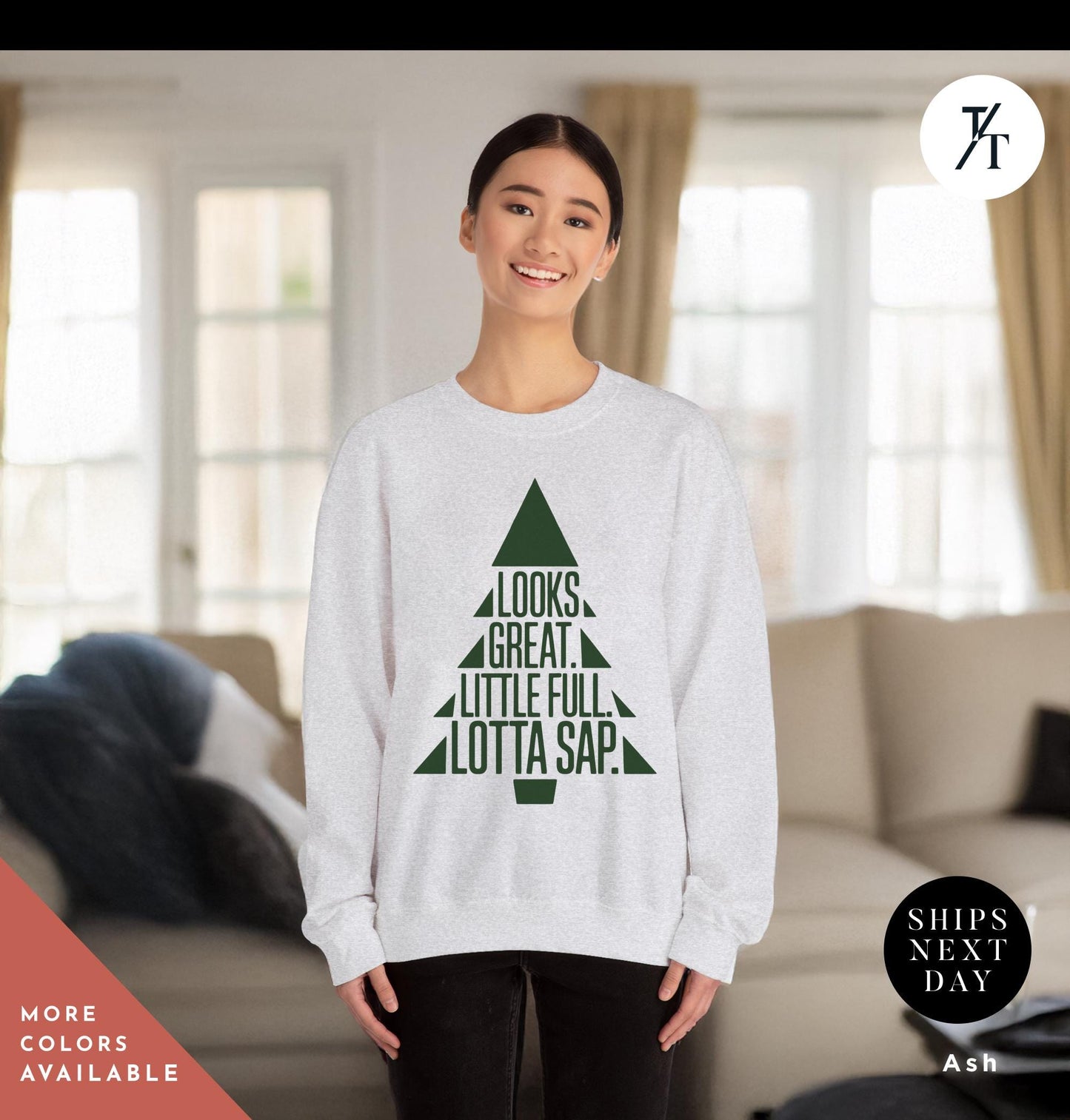 a woman wearing a sweatshirt with a christmas tree on it, , christmas tree sweatshirt griswold's tree farm since 1989 crewneck sweatshirt xmas family gift holiday spirit shirt little full lotta sap