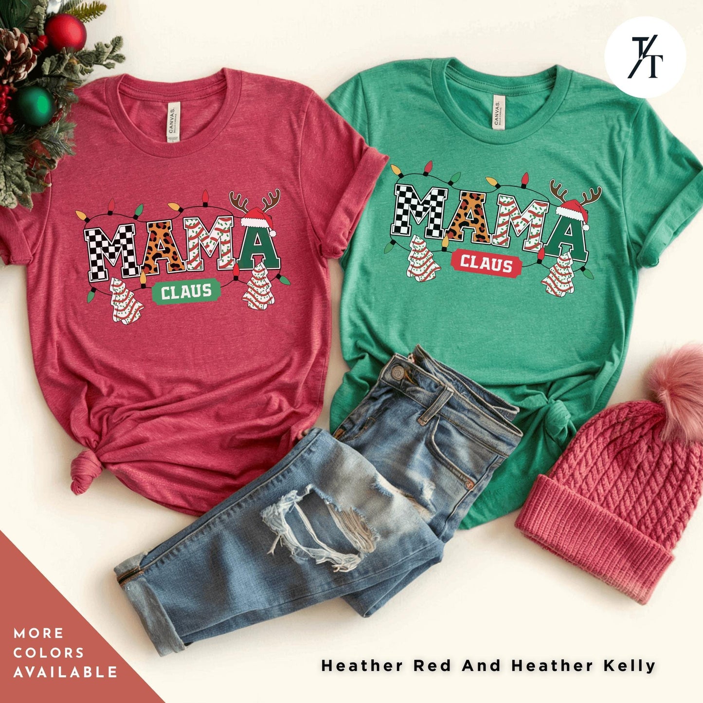 a couple of shirts that are on a table, Mama Varsity Christmas Tree Cake Mama Claus Christmas Varsity Shirt, Mama Christmas shirt, Retro Xmas Leopard Coquette Gift For Mom tee