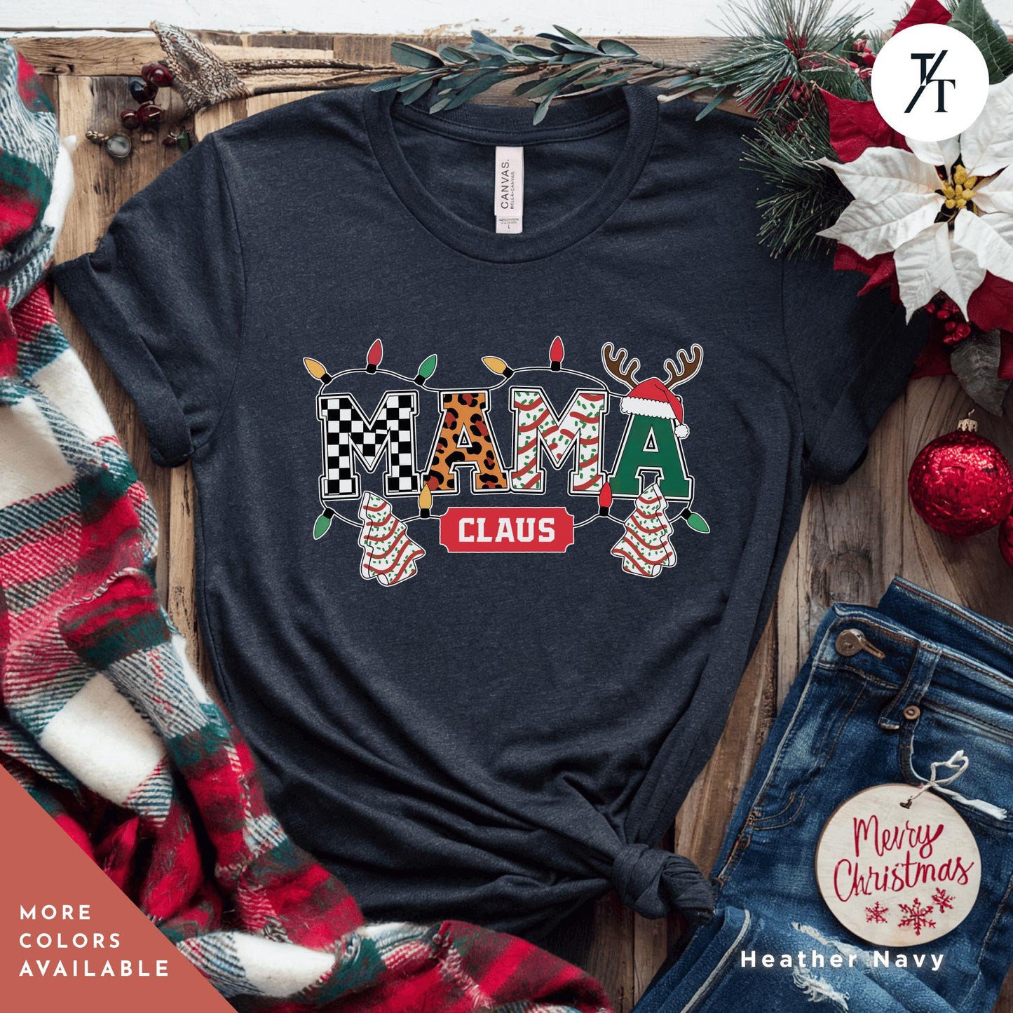 a t - shirt with the word mama claus on it, Mama Varsity Christmas Tree Cake Mama Claus Christmas Varsity Shirt, Mama Christmas shirt, Retro Xmas Leopard Coquette Gift For Mom tee