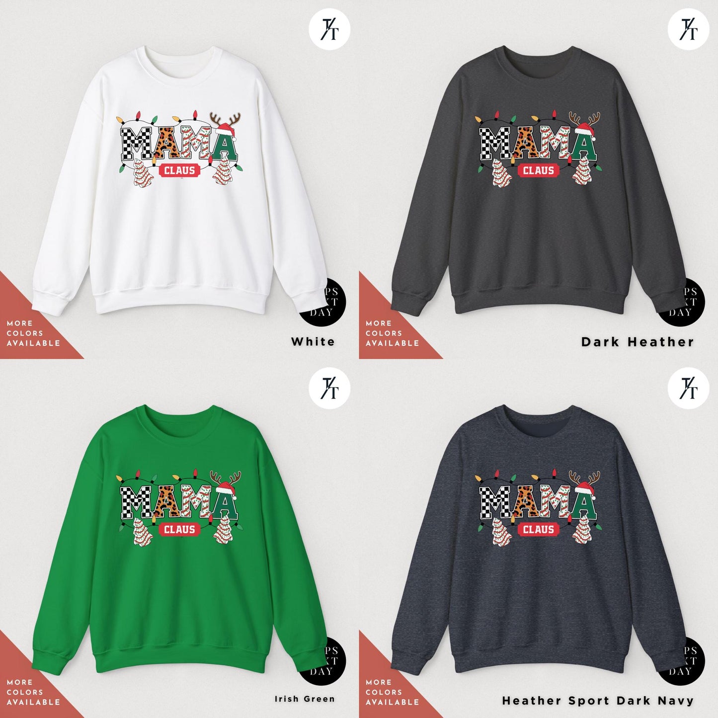 a group of sweaters with different designs on them, Mama Varsity Christmas Tree Cake Sweatshirt, mama claus christmas club Sweatshirt, Retro Xmas Mom Shirt, Gift For Mom Sweater, New Mom Gift