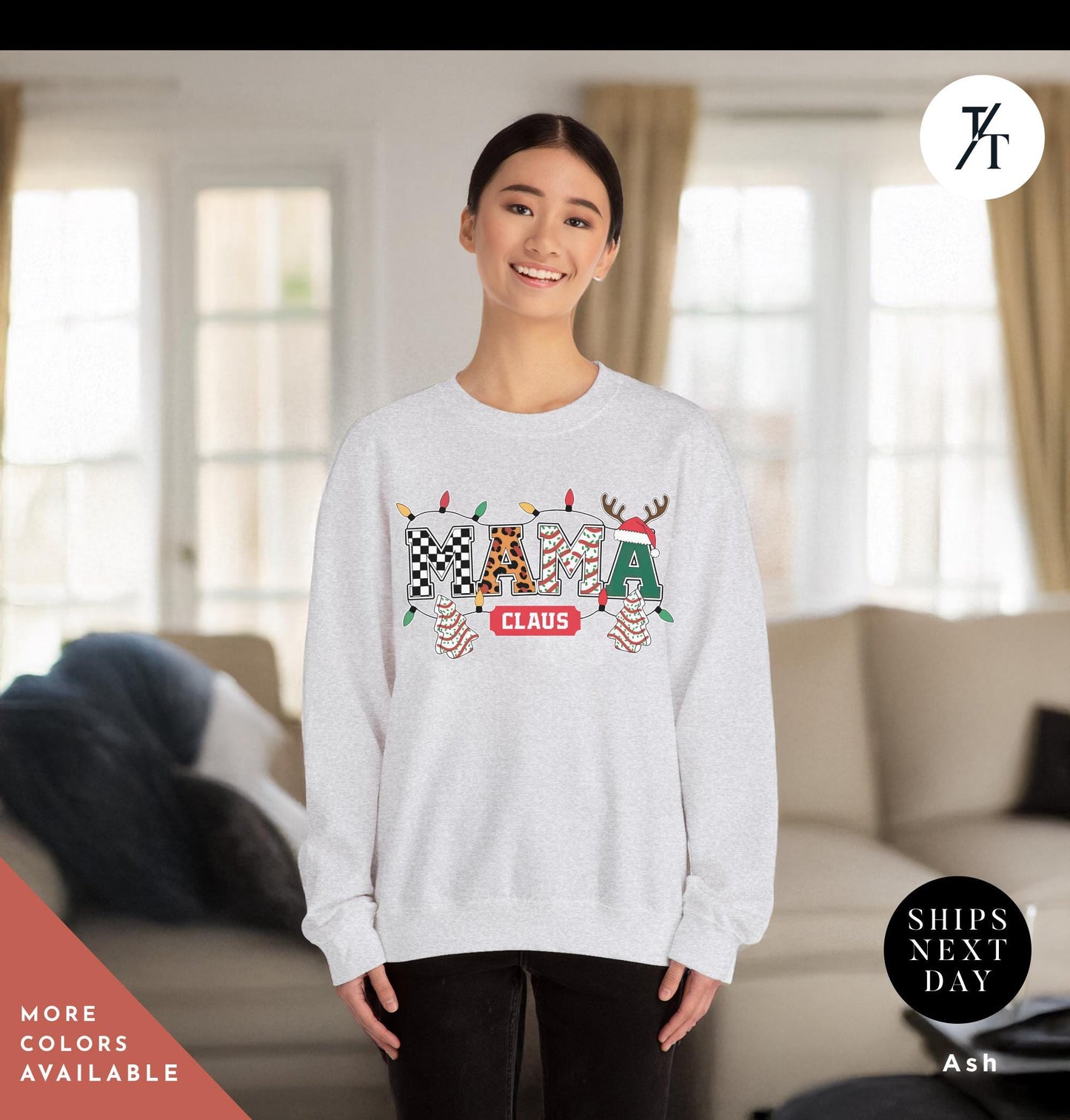 a woman wearing a white sweater with a christmas sweater on it, Mama Varsity Christmas Tree Cake Sweatshirt, mama claus christmas club Sweatshirt, Retro Xmas Mom Shirt, Gift For Mom Sweater, New Mom Gift