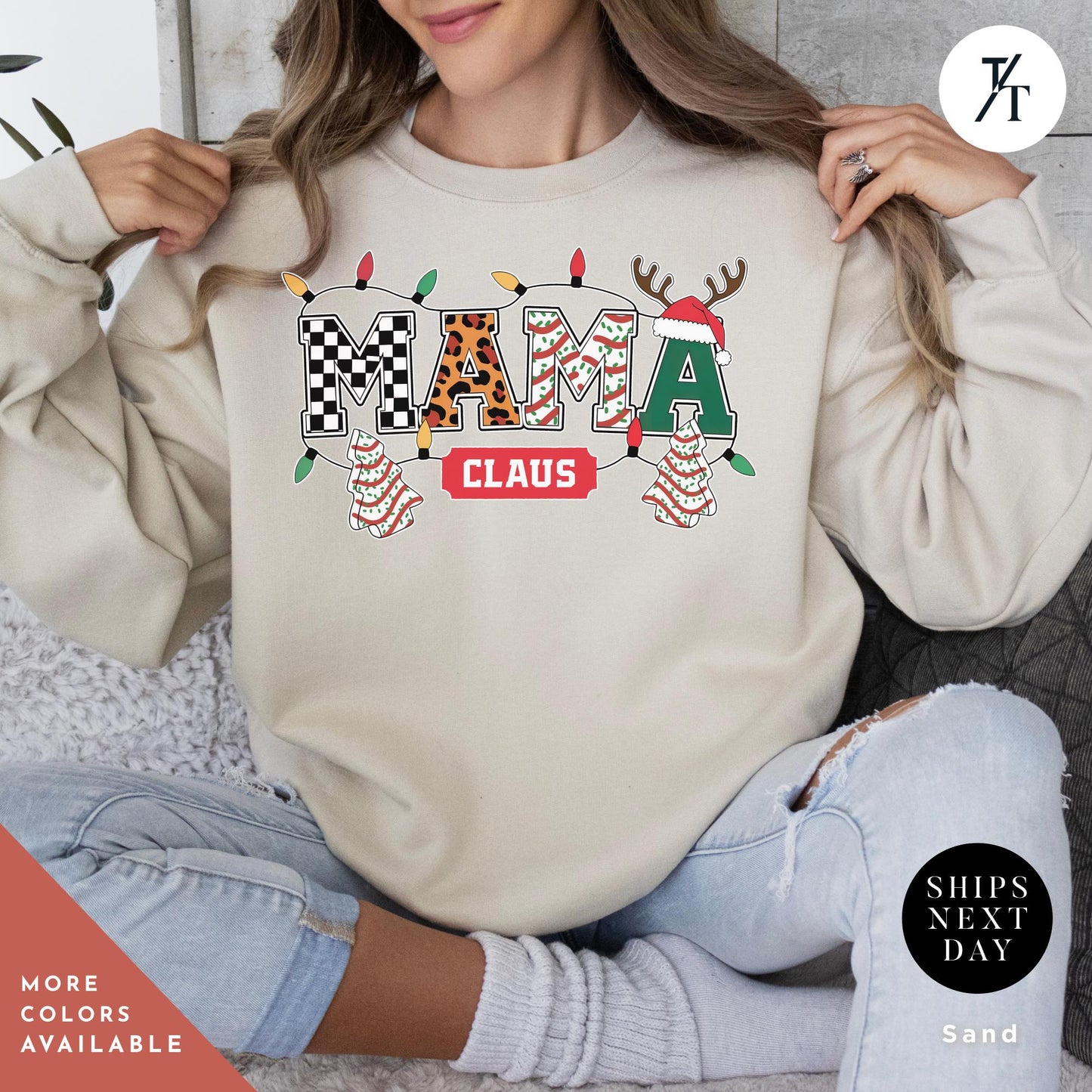 a woman sitting on a couch wearing a sweatshirt, Mama Varsity Christmas Tree Cake Sweatshirt, mama claus christmas club Sweatshirt, Retro Xmas Mom Shirt, Gift For Mom Sweater, New Mom Gift