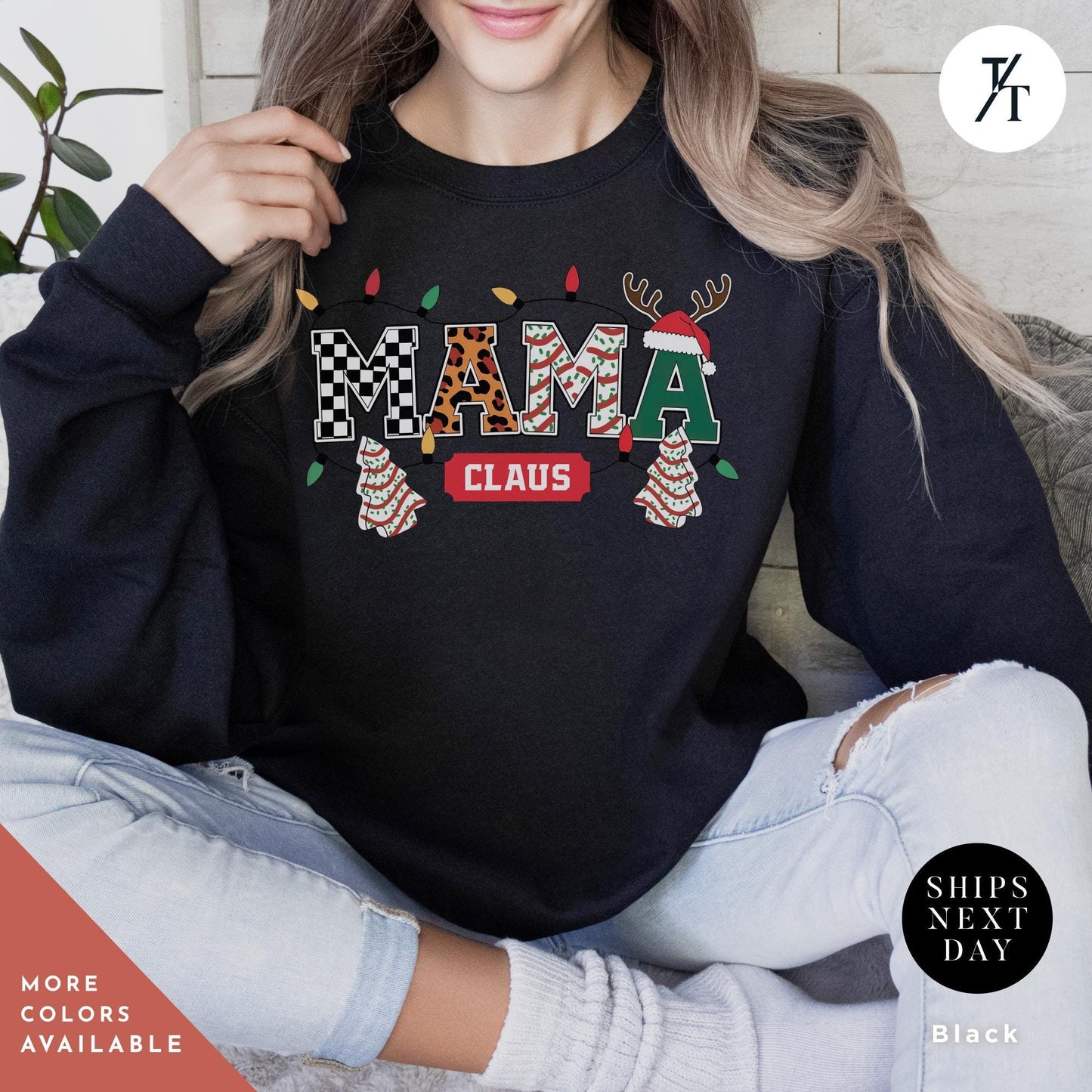a woman sitting on a couch wearing a black sweatshirt, Mama Varsity Christmas Tree Cake Sweatshirt, mama claus christmas club Sweatshirt, Retro Xmas Mom Shirt, Gift For Mom Sweater, New Mom Gift