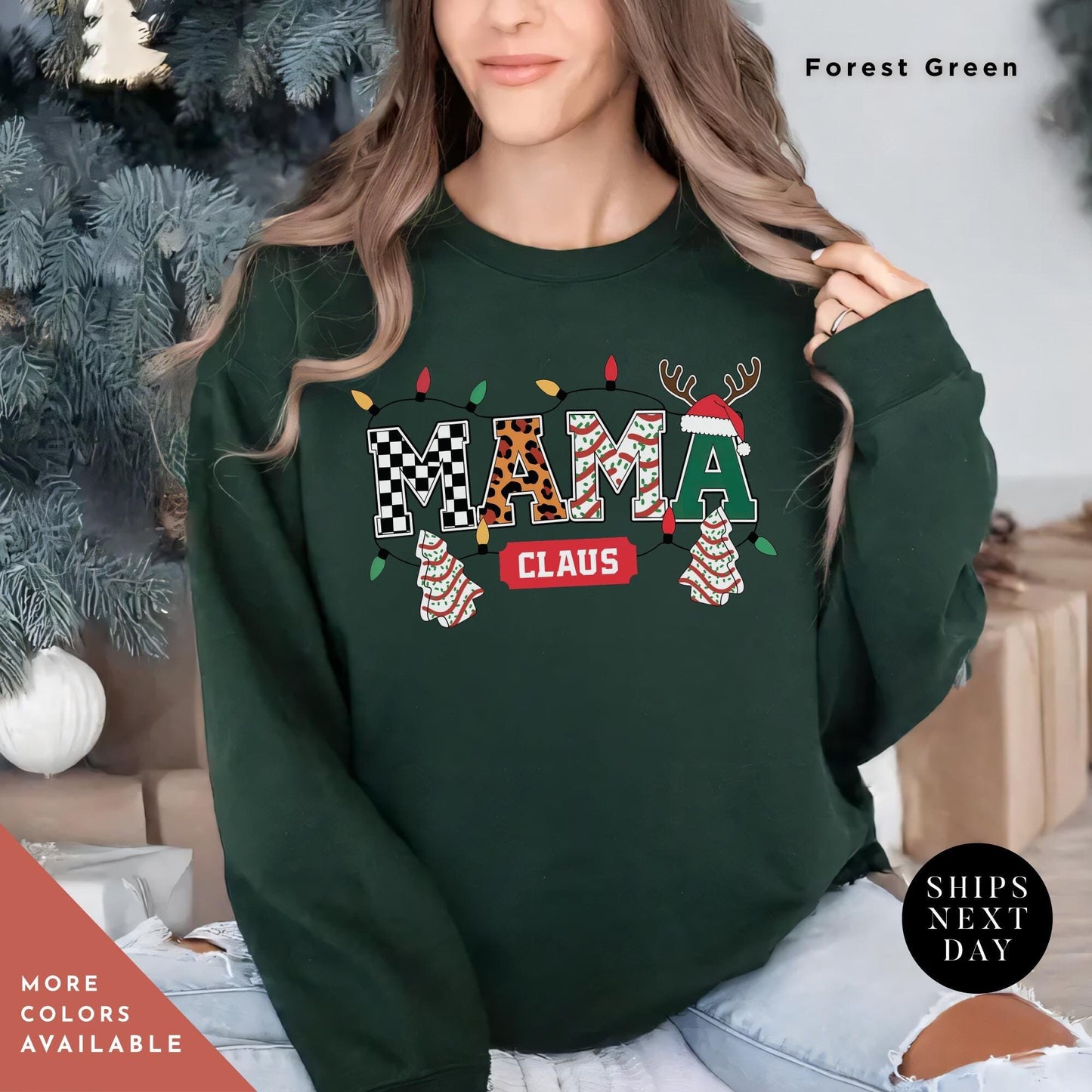 a woman wearing a green christmas sweatshirt with the word mama claus on it, Mama Varsity Christmas Tree Cake Sweatshirt, mama claus christmas club Sweatshirt, Retro Xmas Mom Shirt, Gift For Mom Sweater, New Mom Gift