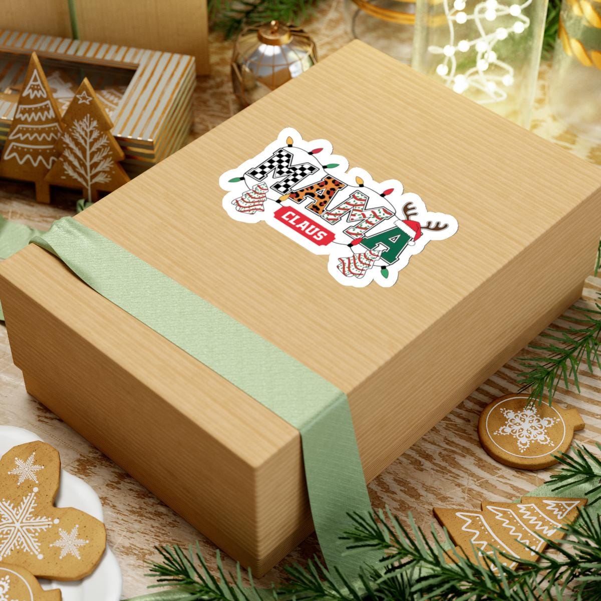 a box with a christmas sticker on it, Varsity Mama Claus Sticker, mama claus christmas decal, Funny Design, Christmas Joke, Mummy, Mother Gift Wife, Momlife Mom Life