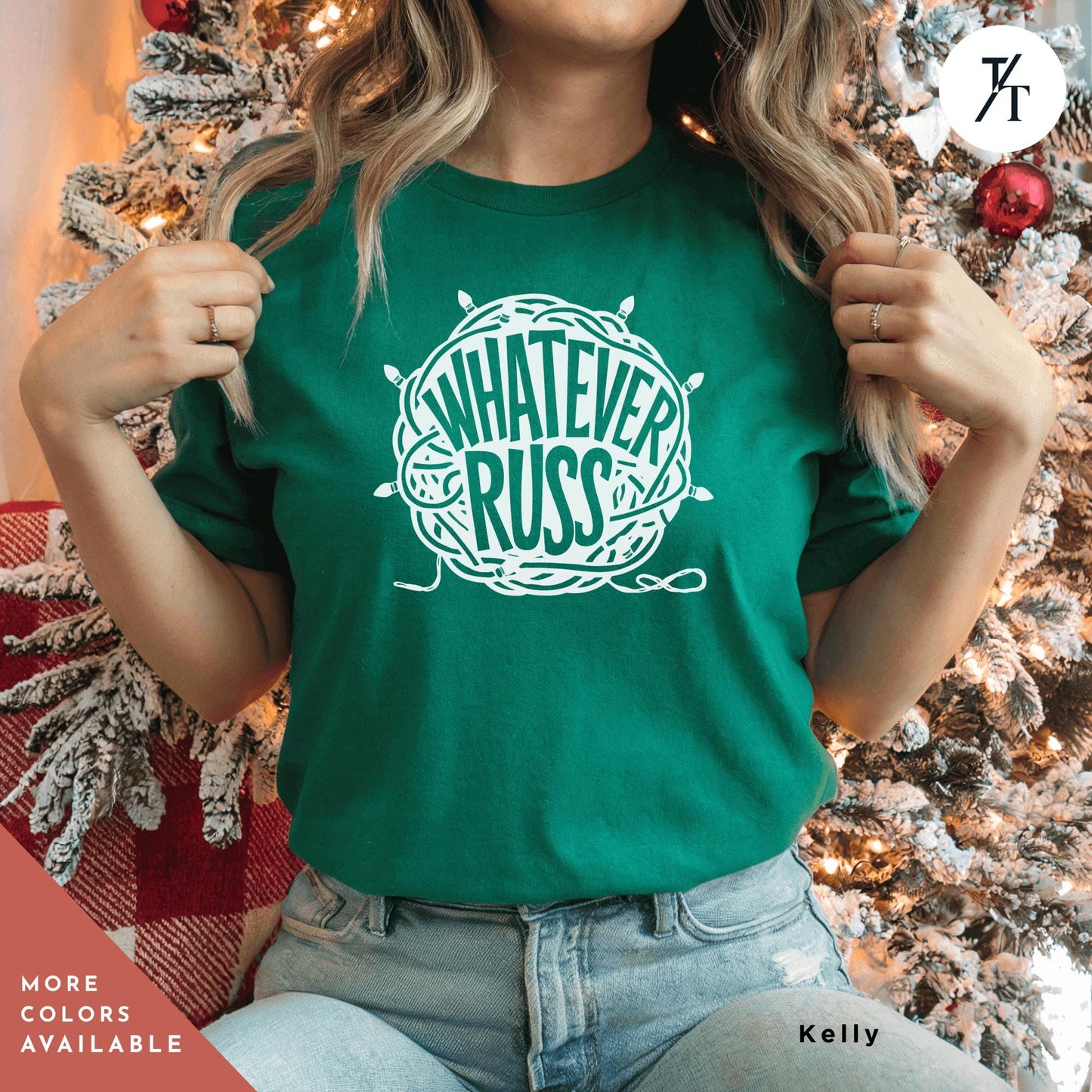 a woman sitting in front of a christmas tree, Retro 90s National Lampoons Christmas Vacation Shirt, tangled christmas lights whatever russ Christmas Vacation Shirt, Chevy Chase quote tee