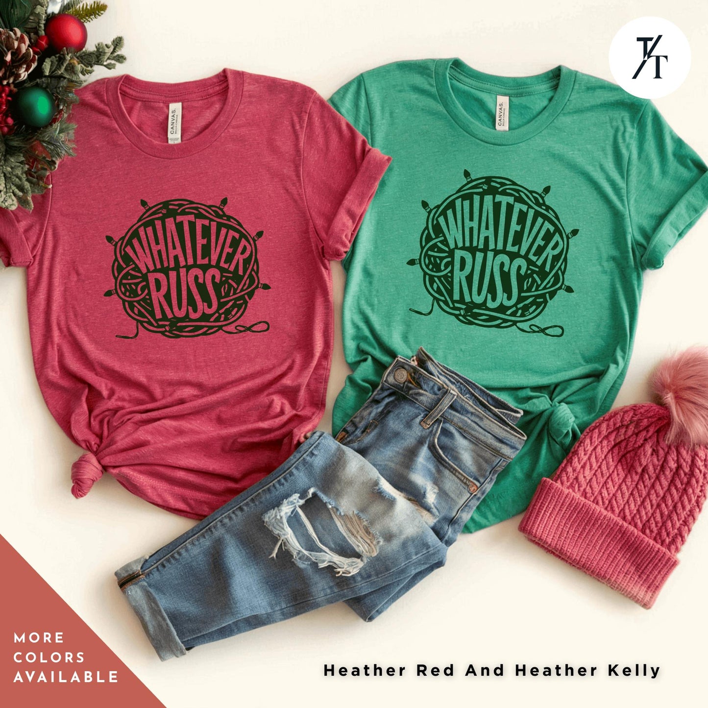two t - shirts and a beanie on a table, Retro 90s National Lampoons Christmas Vacation Shirt, tangled christmas lights whatever russ Christmas Vacation Shirt, Chevy Chase quote tee