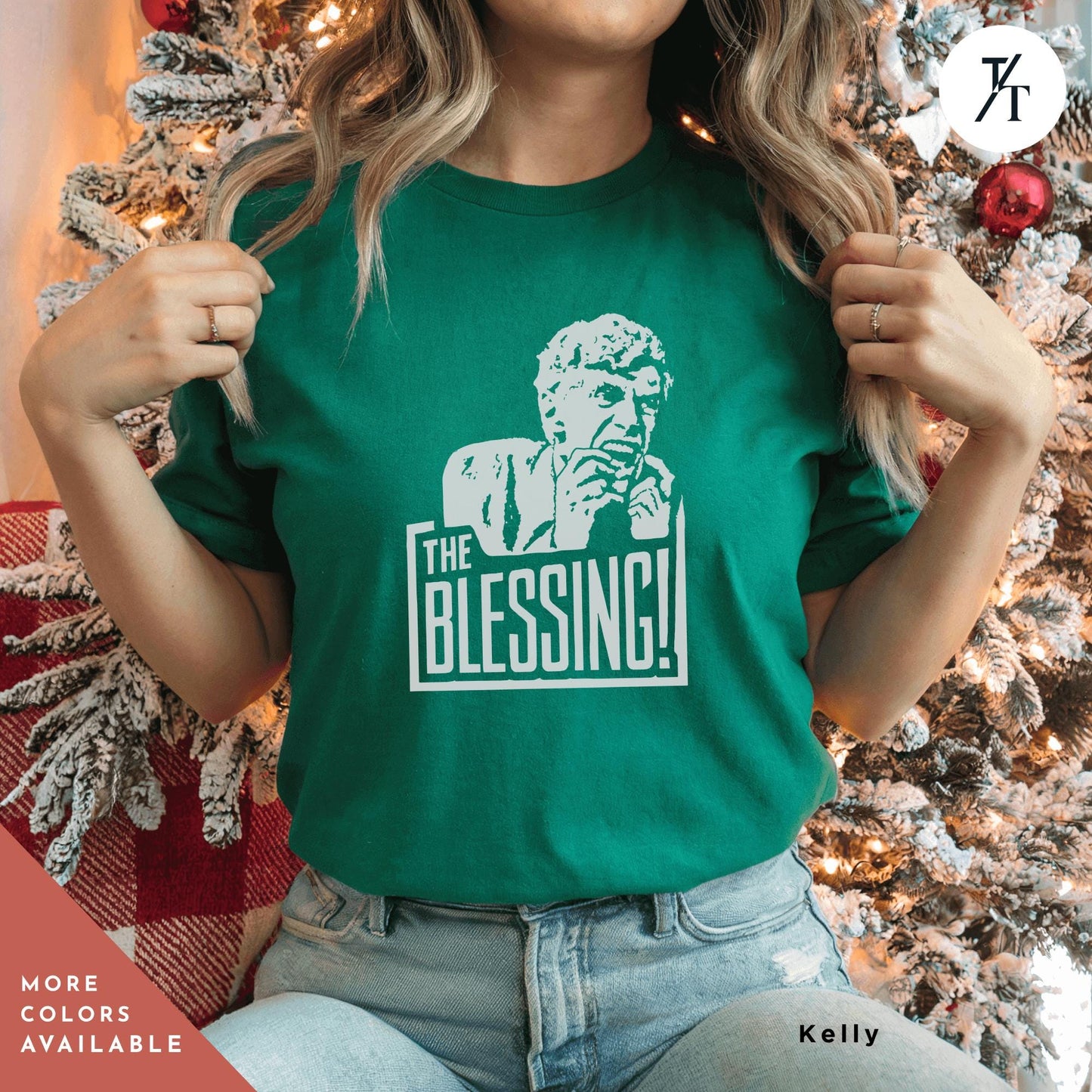 a woman sitting in front of a christmas tree, the blessing christmas vacation shirt uncle lewis shirt, National Lampoon The Blessing Ugly Sweater Shirt, Funny Holiday Christmas Movie tee