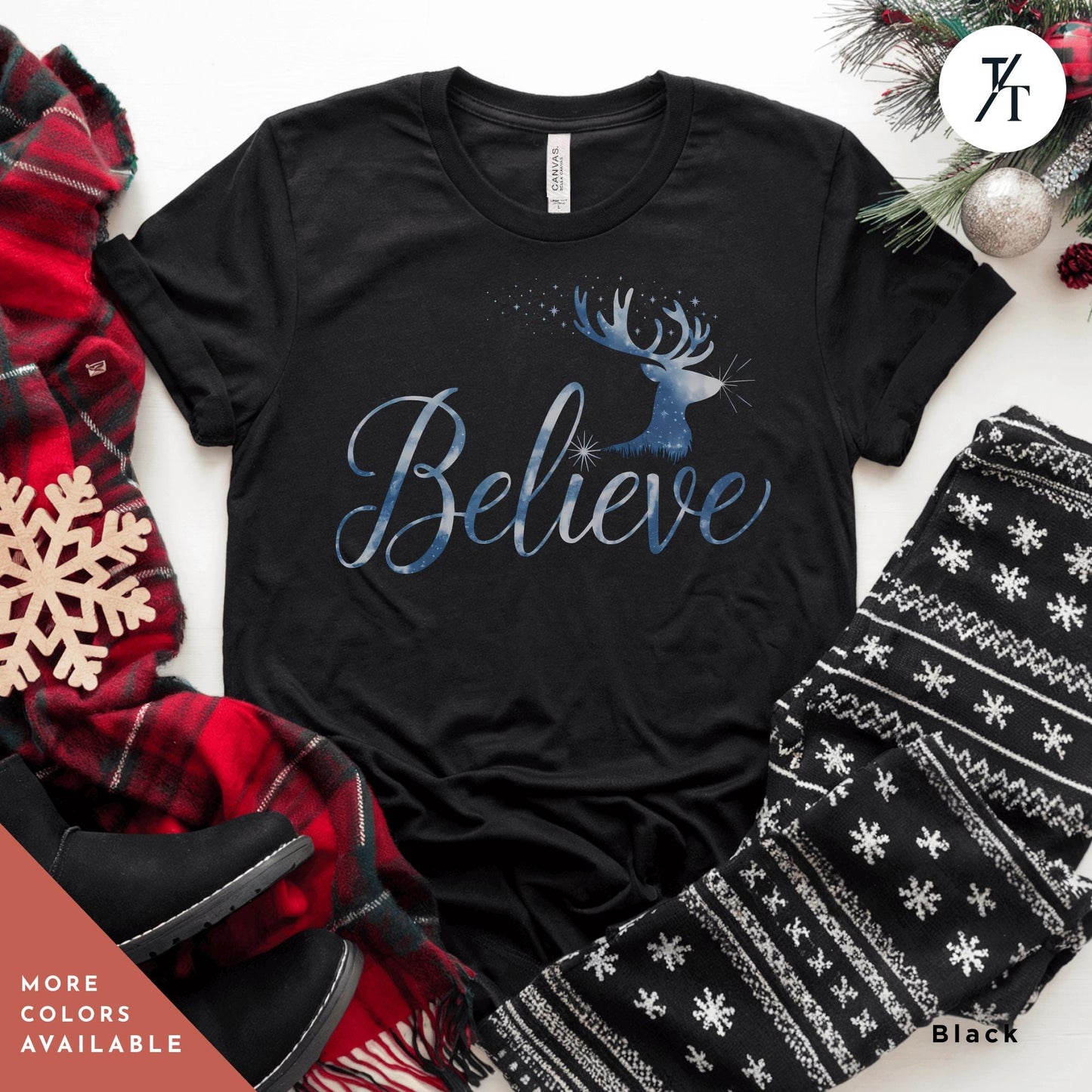 a t - shirt that says believe with a reindeer on it Believe in Miracles Santa Shirt, Christmas Miracle Reindeer Shirt, Merry Christmas Tee, Believer Tee, Santa Believe Shirts Believe Quote