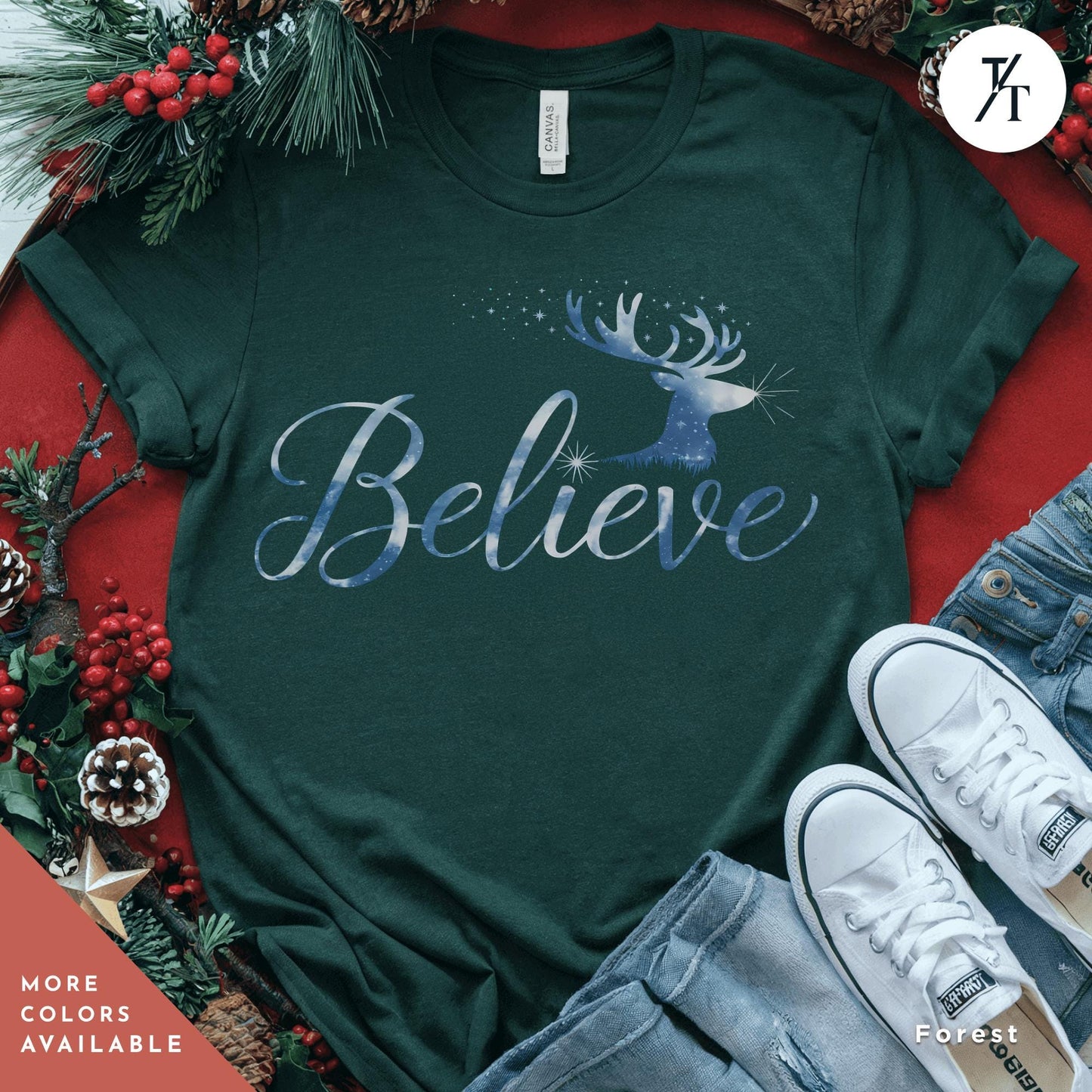 a t - shirt with the words believe on it Believe in Miracles Santa Shirt, Christmas Miracle Reindeer Shirt, Merry Christmas Tee, Believer Tee, Santa Believe Shirts Believe Quote