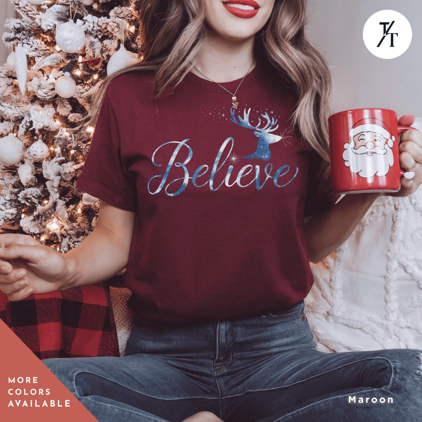 a woman holding a red coffee mug in front of a christmas tree Believe in Miracles Santa Shirt, Christmas Miracle Reindeer Shirt, Merry Christmas Tee, Believer Tee, Santa Believe Shirts Believe Quote