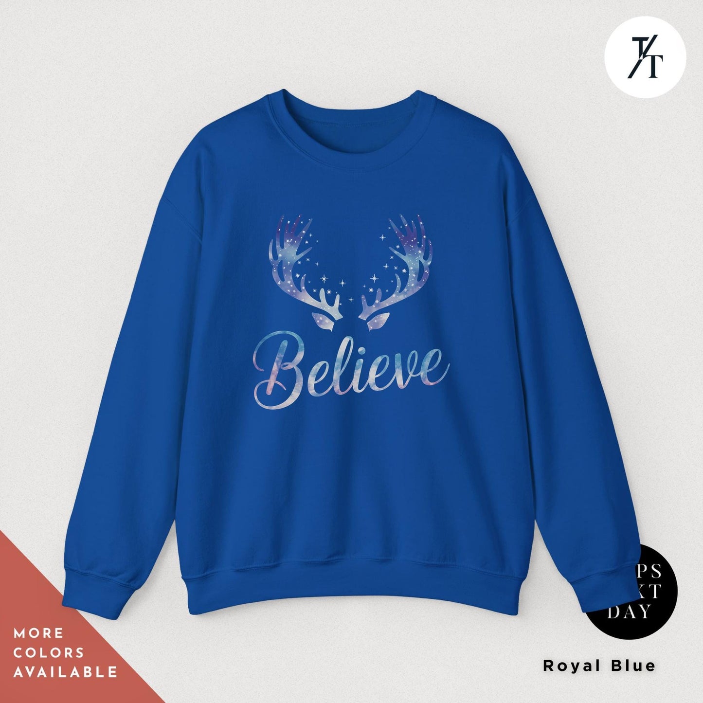 a blue sweatshirt with the words believe printed on it, Reindeer Sweatshirt believe santa hat sweatshirt, i want to believe sweater, Christmas Gift for her, Merry Christmas Sweatshirts Crewneck