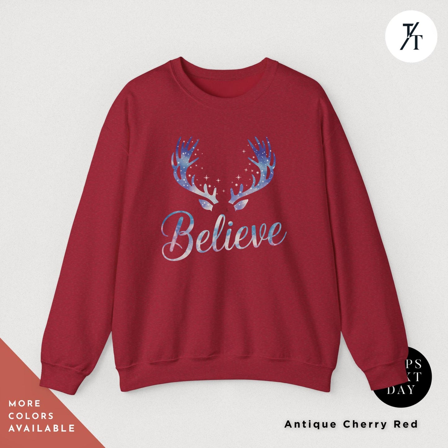 a red sweatshirt with the words believe printed on it, Reindeer Sweatshirt believe santa hat sweatshirt, i want to believe sweater, Christmas Gift for her, Merry Christmas Sweatshirts Crewneck