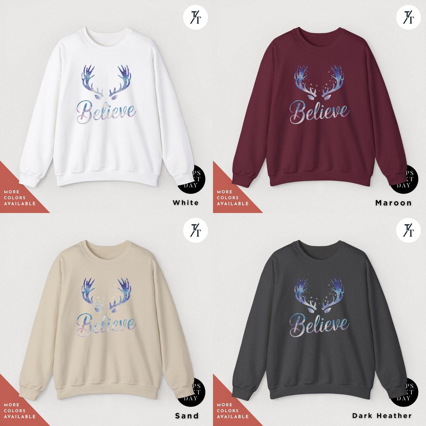 four sweatshirts with the words believe, believe, believe and believe written on them, Reindeer Sweatshirt believe santa hat sweatshirt, i want to believe sweater, Christmas Gift for her, Merry Christmas Sweatshirts Crewneck