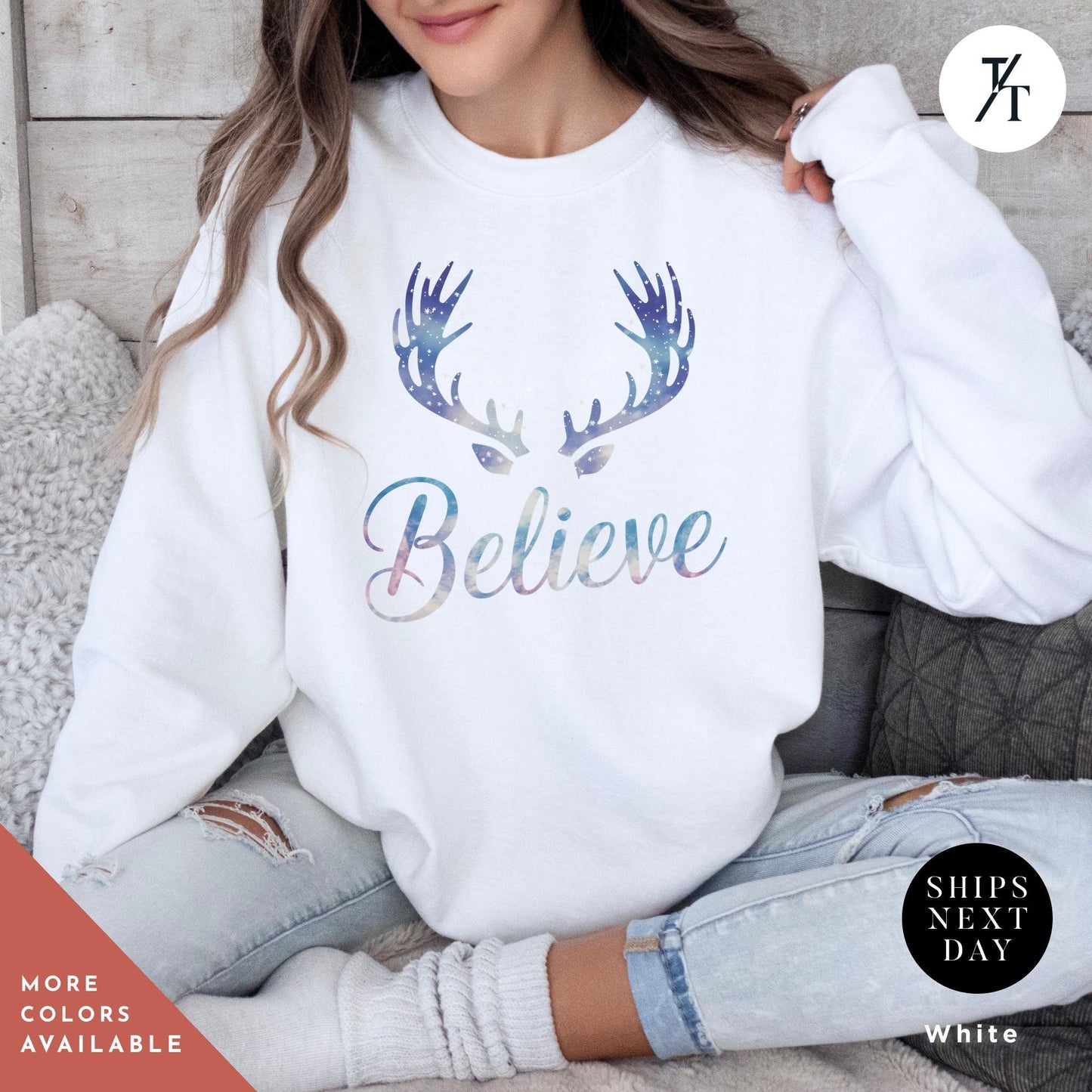 a woman sitting on a couch wearing a sweatshirt that says believe, Reindeer Sweatshirt believe santa hat sweatshirt, i want to believe sweater, Christmas Gift for her, Merry Christmas Sweatshirts Crewneck