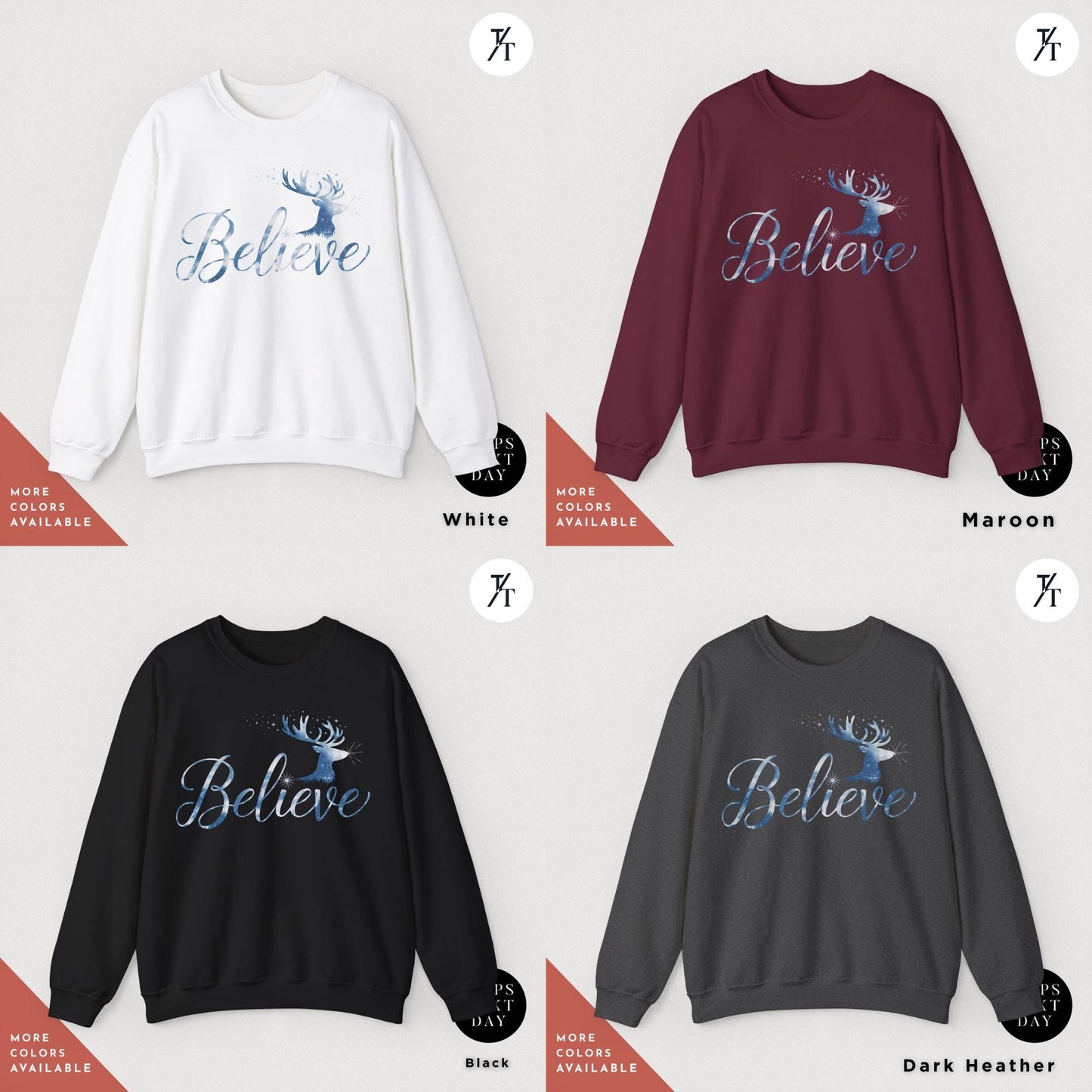 a group of sweatshirts with the words believe on them, Reindeer Sweatshirt believe santa hat sweatshirt, i want to believe sweater, Christmas Gift for her, Merry Christmas Sweatshirts Crewneck