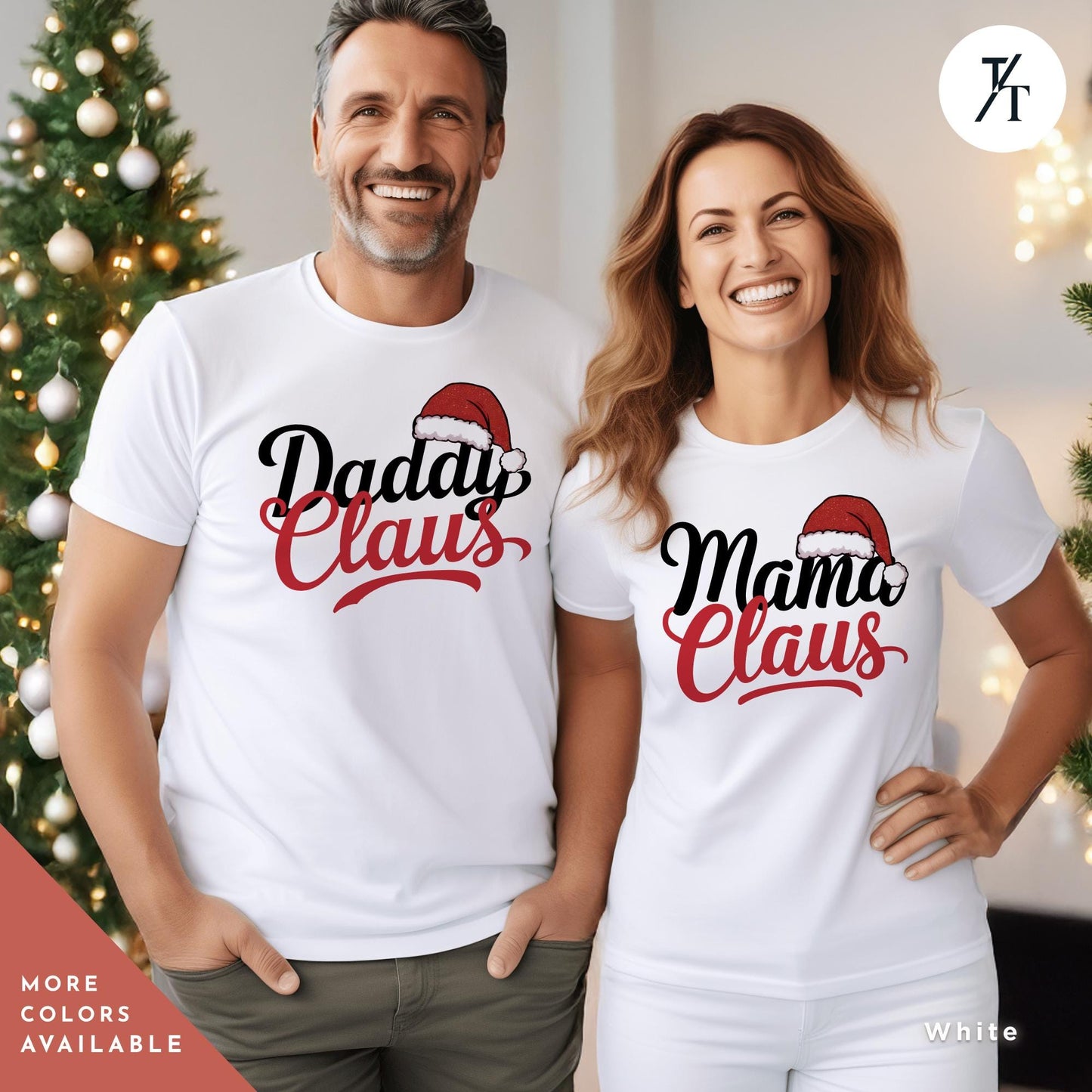 a man and a woman wearing matching t - shirts, Mama, Daddy and Mini Claus shirt, Christmas Matching Family Tees, Mama And Mini Claus Shirt, Mommy And Me Christmas Couple Xmas Matching Set