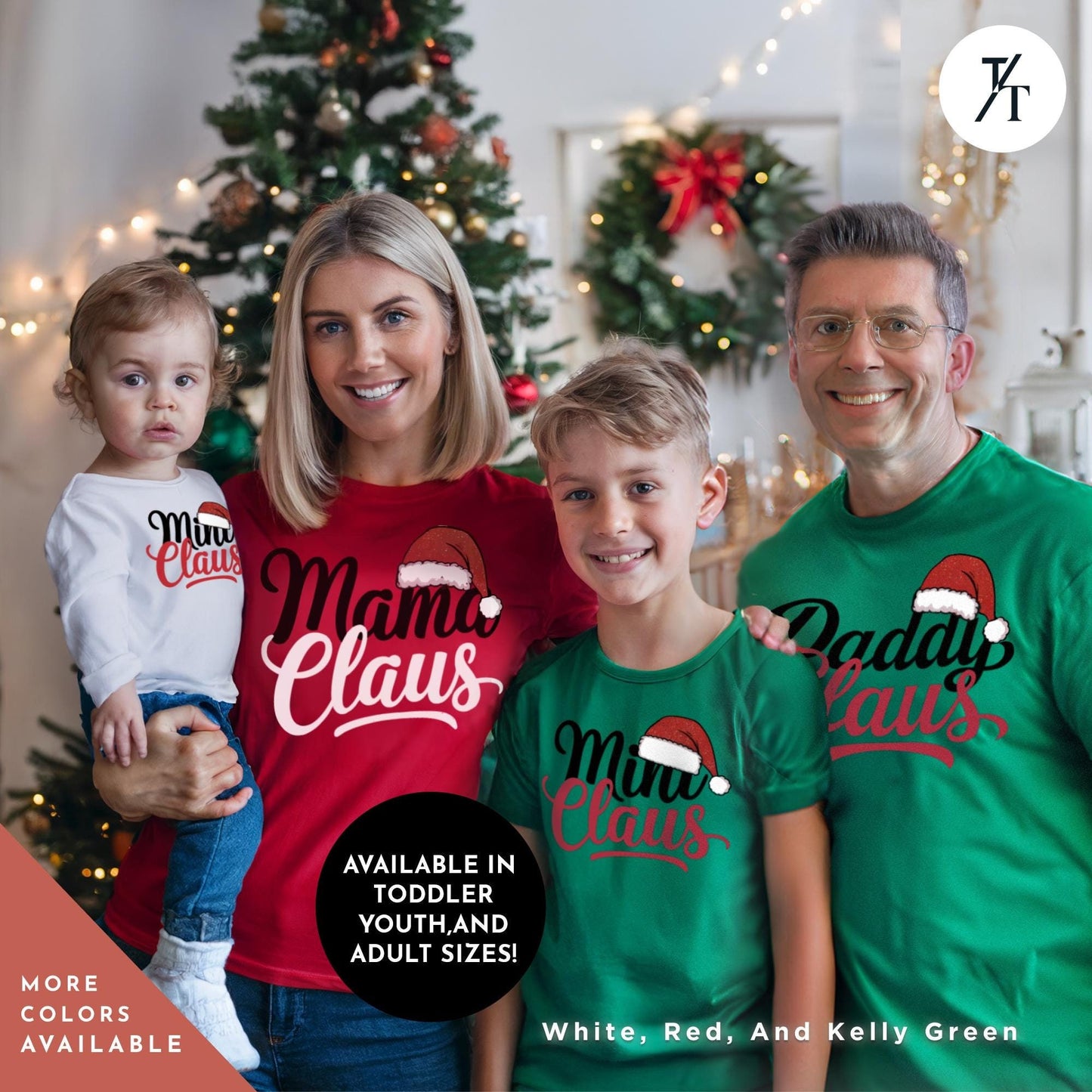 a family wearing matching christmas shirts in front of a christmas tree, Mama, Daddy and Mini Claus shirt, Christmas Matching Family Tees, Mama And Mini Claus Shirt, Mommy And Me Christmas Couple Xmas Matching Set