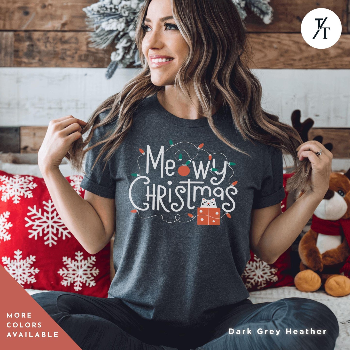a woman sitting on a bed wearing a merry christmas shirt, Meowy Christmas black cat christmas lights Shirt, Xmas Black Cats Shirt, Gift For Cat Lover Shirts, Gift For CatMom, Holiday Meowy Xmas Tee