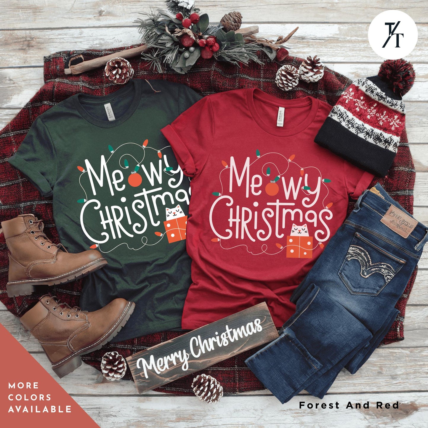 a couple of christmas shirts sitting on top of a blanket, Meowy Christmas black cat christmas lights Shirt, Xmas Black Cats Shirt, Gift For Cat Lover Shirts, Gift For CatMom, Holiday Meowy Xmas Tee