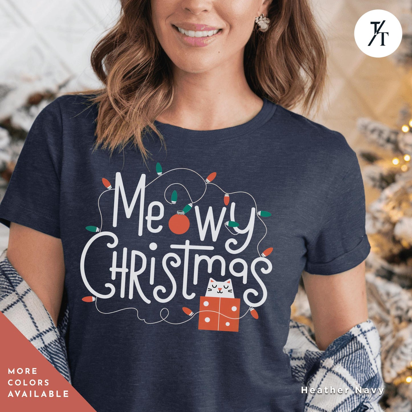 a woman wearing a t - shirt that says merry christmas, Meowy Christmas black cat christmas lights Shirt, Xmas Black Cats Shirt, Gift For Cat Lover Shirts, Gift For CatMom, Holiday Meowy Xmas Tee