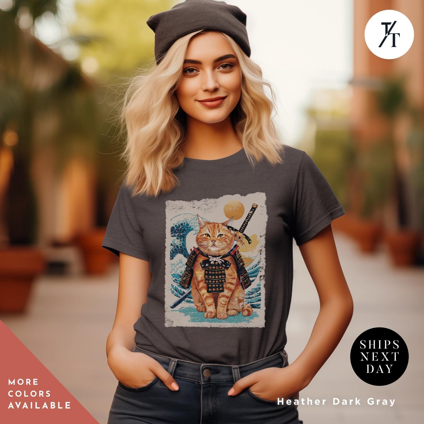 a woman wearing a t - shirt with a picture of a cat on it, Samurai Cat shirt, Japanese Cat Art Aesthetic, Cats Lover T-Shirt, Japanese Streetwear, Samurai Cats T-Shirt Anime Gift For Cats Mom Dad