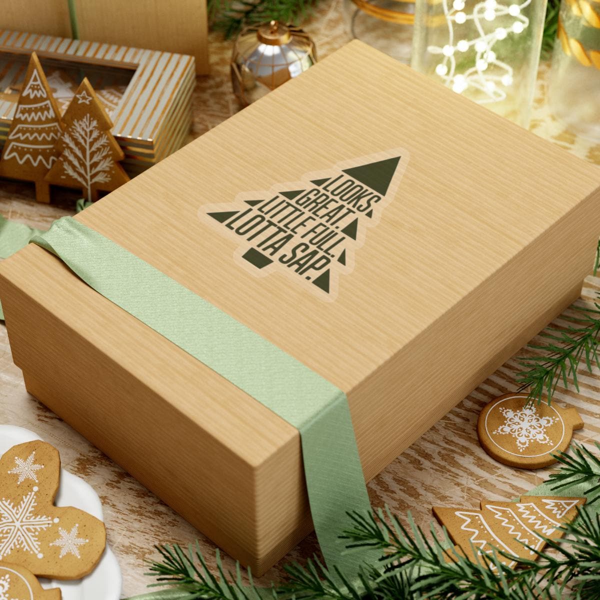 a wooden box with a christmas tree on it, National Lampoons Decal, Christmas Vacation stickers, Chevy Chase Stocking Stuffer, Funny You Serious Clark Christmas Vinyl Laptop Stickers