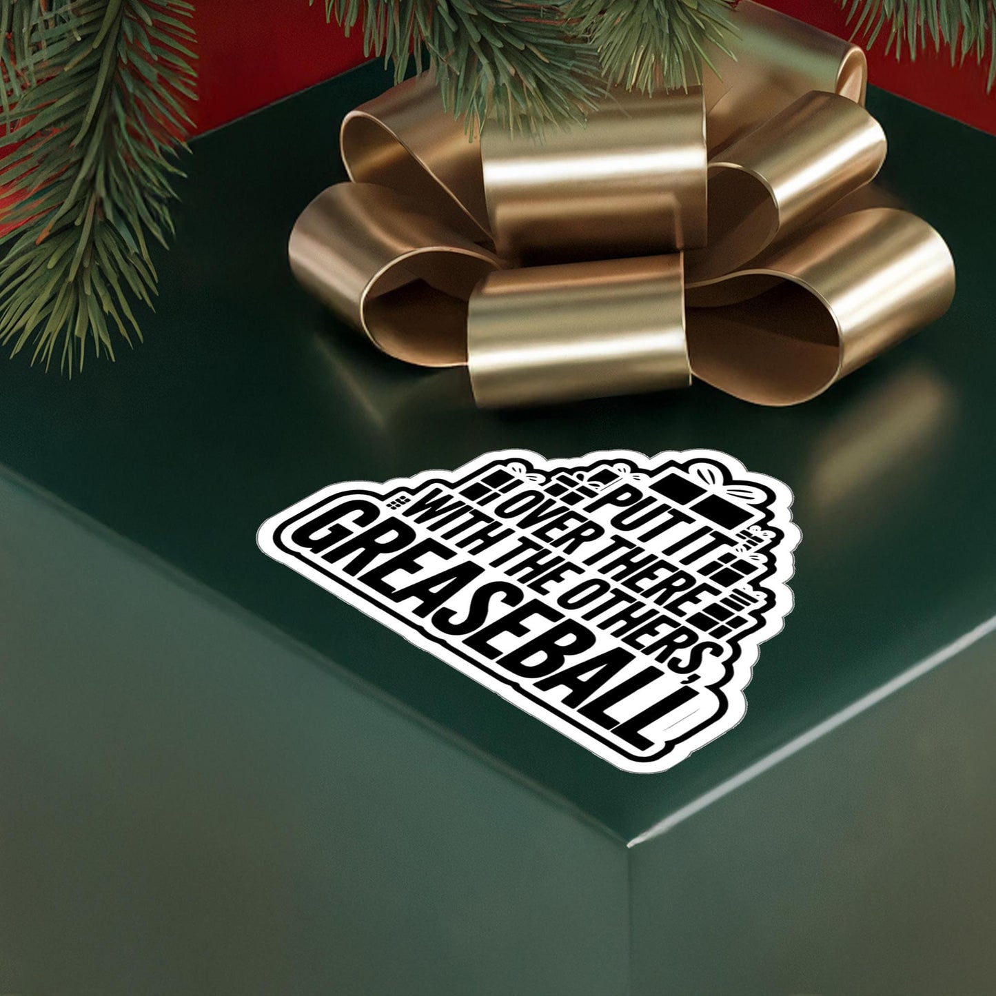 a green box with a bow and a sticker on it, National Lampoons Decal, Christmas Vacation stickers, Chevy Chase Stocking Stuffer, Funny You Serious Clark Christmas Vinyl Laptop Stickers