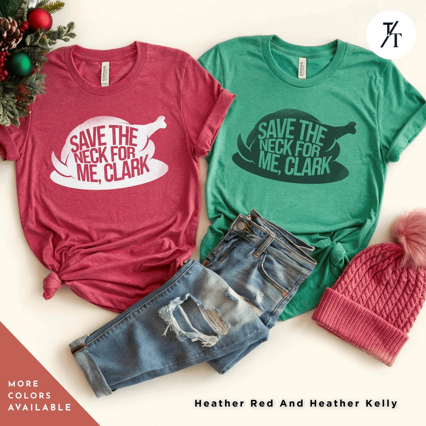 a couple of t - shirts that are on a table, save the neck for me clark shirt Funny Thanksgiving, Funny Christmas Tee, Thanksgiving Gift, Save The Neck Shirt, Lampoons Holiday Vacation