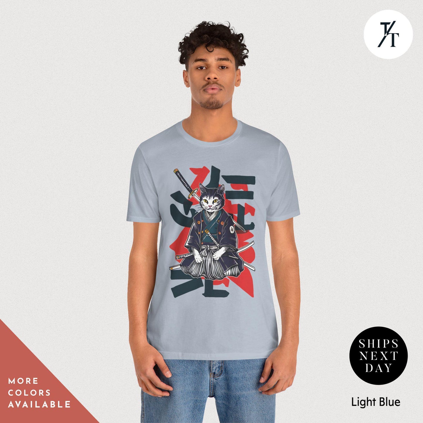a man wearing a t - shirt with a samurai on it, Samurai Cat shirt, Japanese Cat Art Aesthetic, Cats Lover T-Shirt, Japanese Streetwear, Samurai Cats T-Shirt Anime Gift For Cats Mom Dad