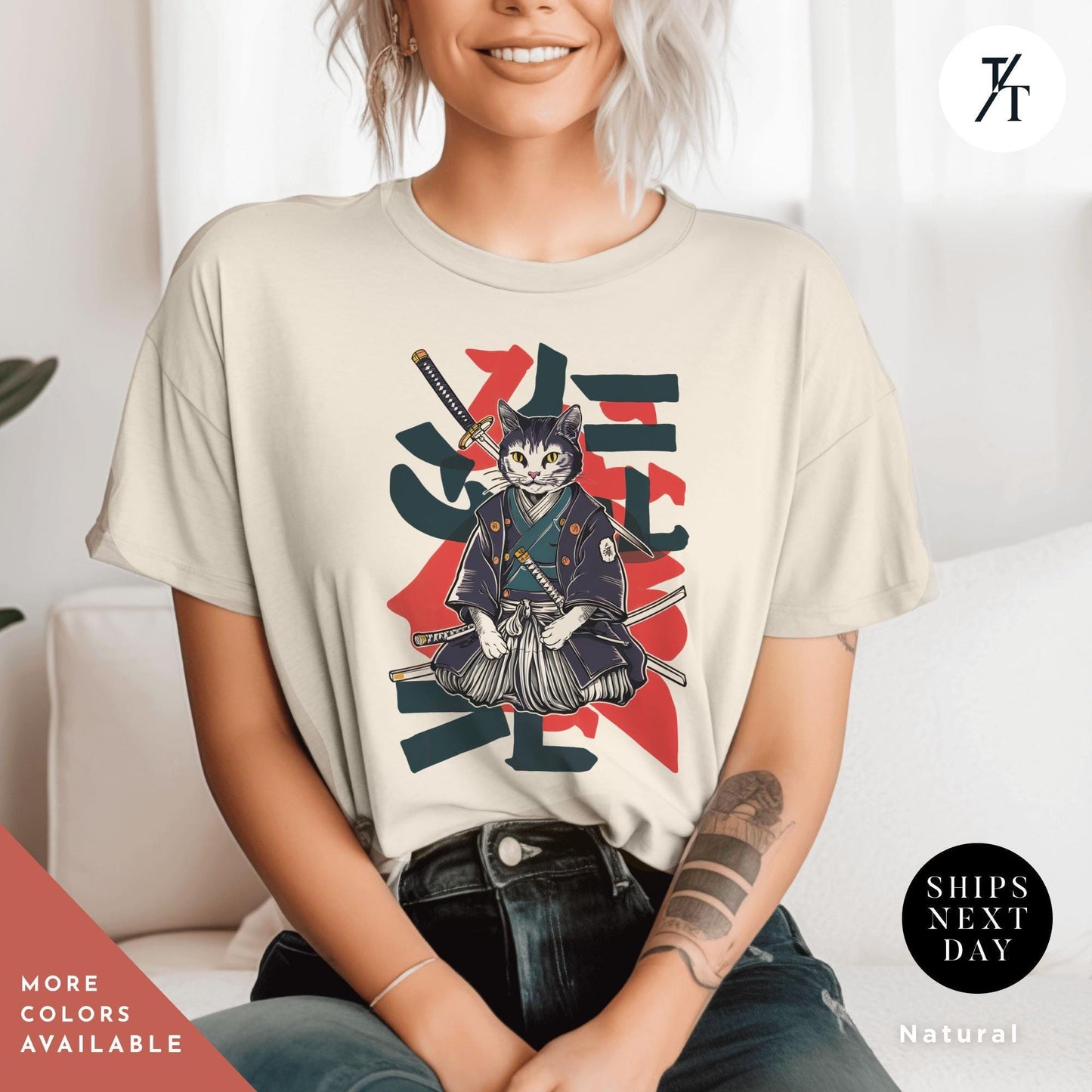 a woman sitting on a couch wearing a t - shirt with an image of a cat, , Samurai Cat shirt, Japanese Cat Art Aesthetic, Cats Lover T-Shirt, Japanese Streetwear, Samurai Cats T-Shirt Anime Gift For Cats Mom Dad