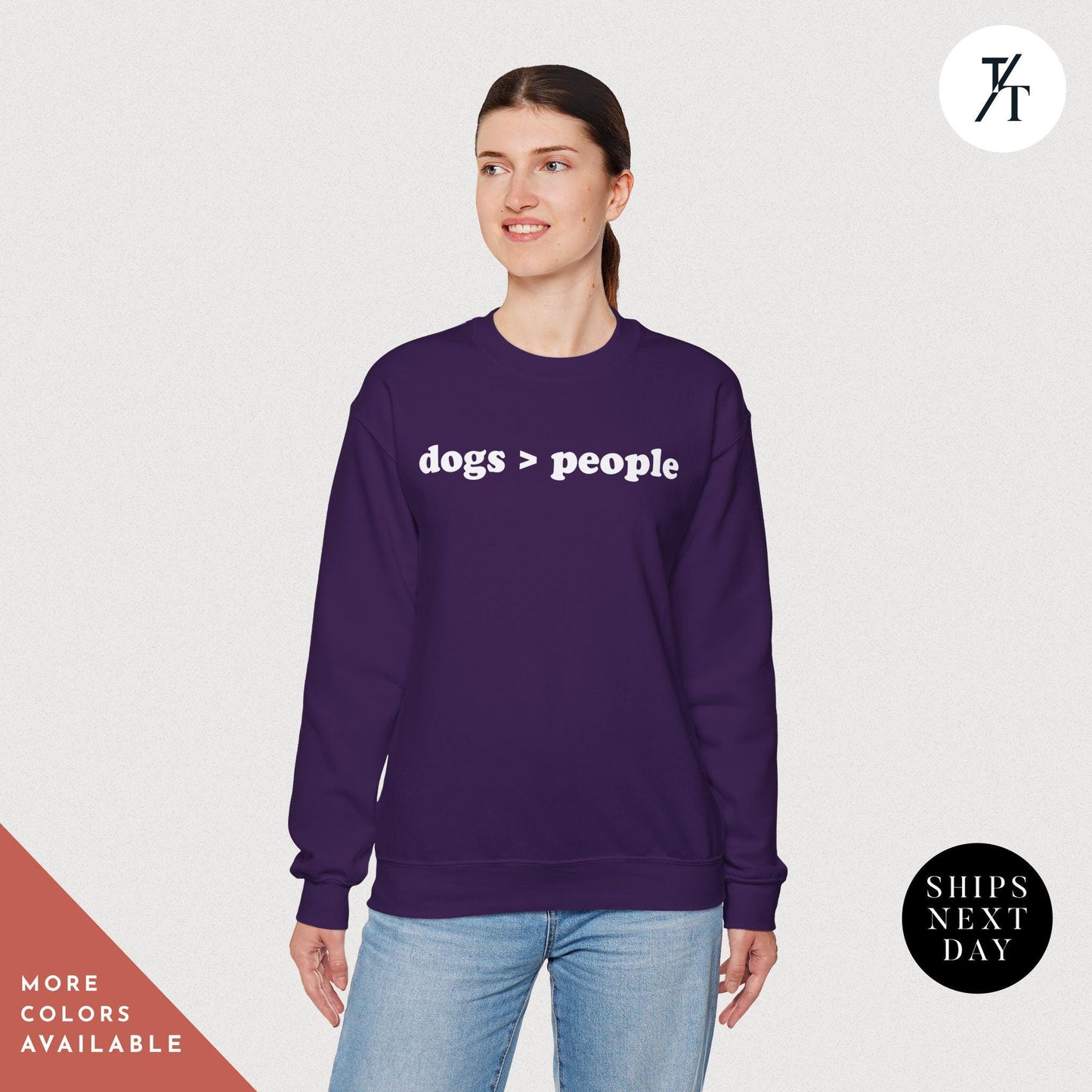 a woman wearing a sweatshirt that says dogs are greater than people, sweatshirt with dogs greater people, Dog Mom Shirt, Gift For Dog Lover, Dogs Over People Tee, Funny DogMom Sweatshirt, Fur Mama sweater
