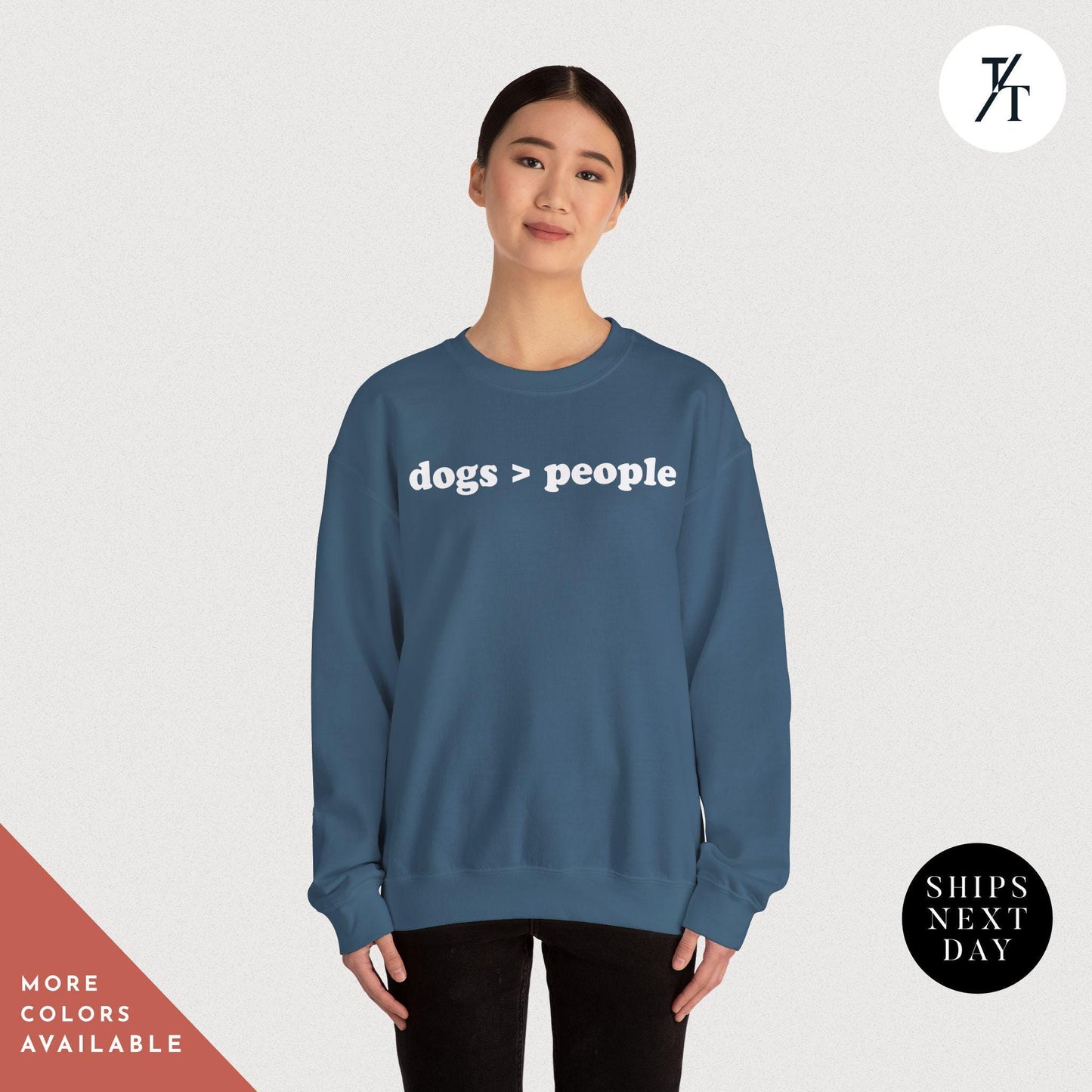 a woman wearing a sweatshirt that says dogs are greater than people, sweatshirt with dogs greater people, Dog Mom Shirt, Gift For Dog Lover, Dogs Over People Tee, Funny DogMom Sweatshirt, Fur Mama sweater