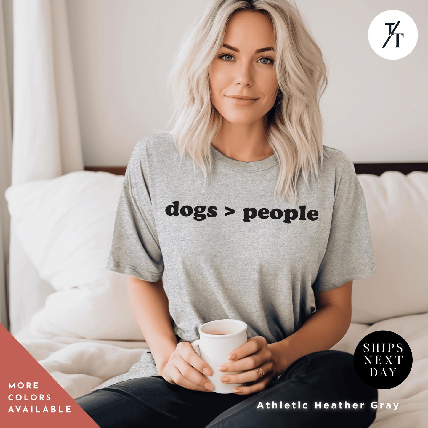 a woman sitting on a bed holding a cup of coffee, Dogs are Greater Than People Shirt, Gift For Dog Lover, Dogs Over People tee, Gifts For Dog Mom, Funny Shirt For Women, Animal Lover Shirts