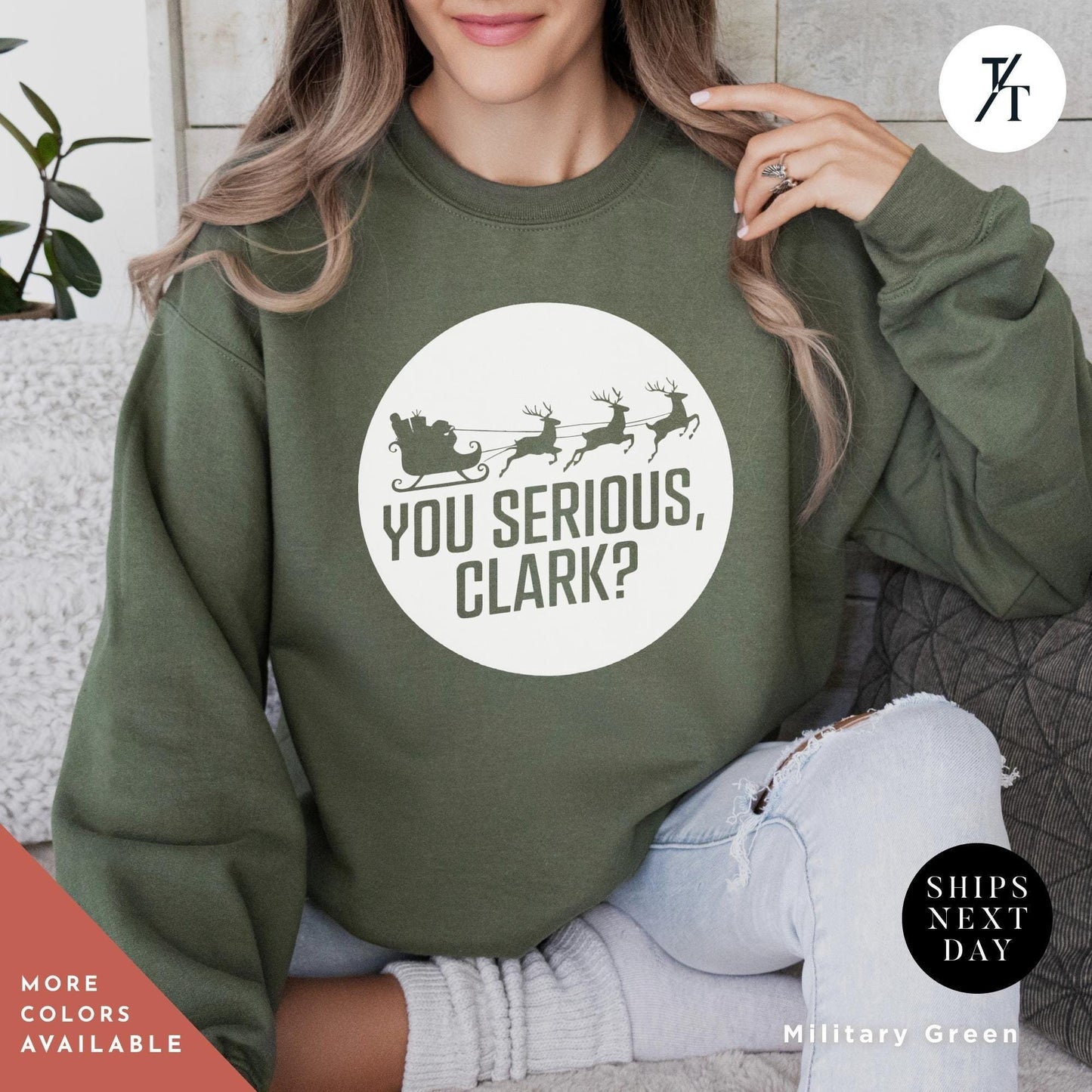 a woman wearing a sweatshirt that says you serious, clark? You serious clark retro 90s Christmas vacation national lampoons Christmas Sweatshirt, Griswold'S Shirt Ugly Shitters Full Movie Quote tee