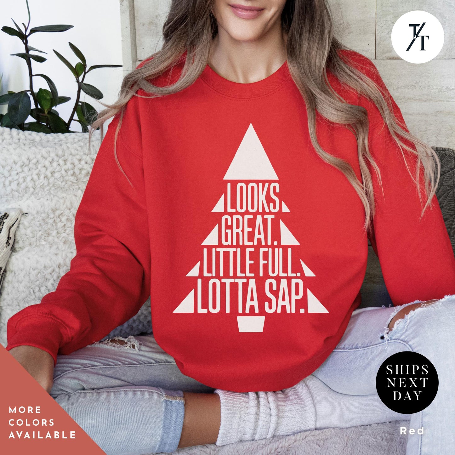 a woman sitting on a couch wearing a red sweatshirt, , christmas tree sweatshirt griswold's tree farm since 1989 crewneck sweatshirt xmas family gift holiday spirit shirt little full lotta sap