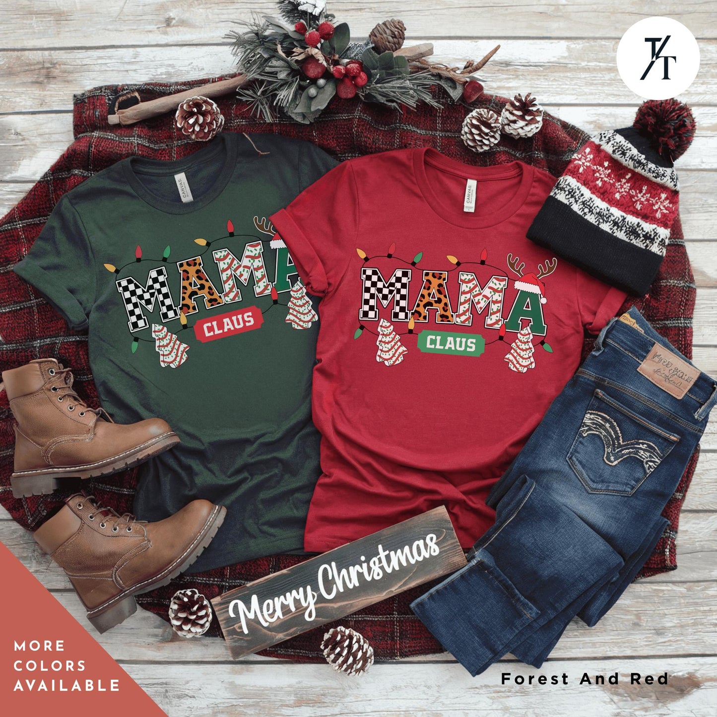 a couple of christmas shirts sitting on top of a blanket, Mama Varsity Christmas Tree Cake Mama Claus Christmas Varsity Shirt, Mama Christmas shirt, Retro Xmas Leopard Coquette Gift For Mom tee