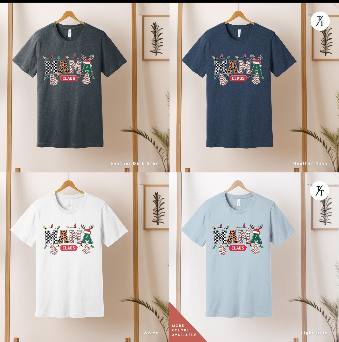 a group of t - shirts hanging on a wall, Mama Varsity Christmas Tree Cake Mama Claus Christmas Varsity Shirt, Mama Christmas shirt, Retro Xmas Leopard Coquette Gift For Mom tee