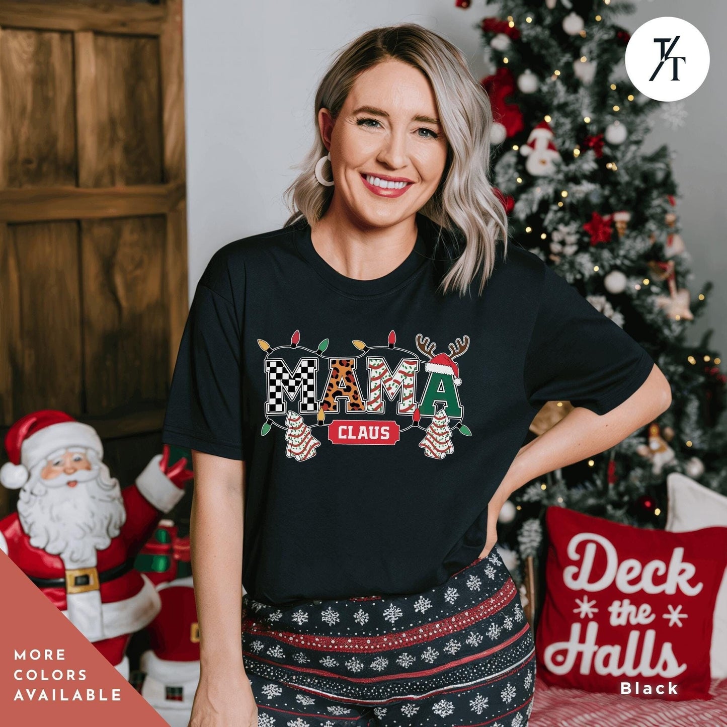 a woman standing in front of a christmas tree, Mama Varsity Christmas Tree Cake Mama Claus Christmas Varsity Shirt, Mama Christmas shirt, Retro Xmas Leopard Coquette Gift For Mom tee