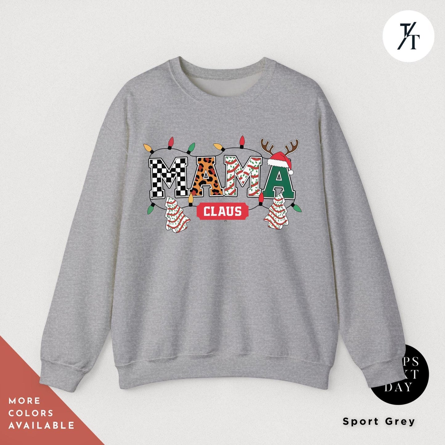 a gray sweatshirt with the word Mama Claus printed on it, Mama Varsity Christmas Tree Cake Sweatshirt, mama claus christmas club Sweatshirt, Retro Xmas Mom Shirt, Gift For Mom Sweater, New Mom Gift