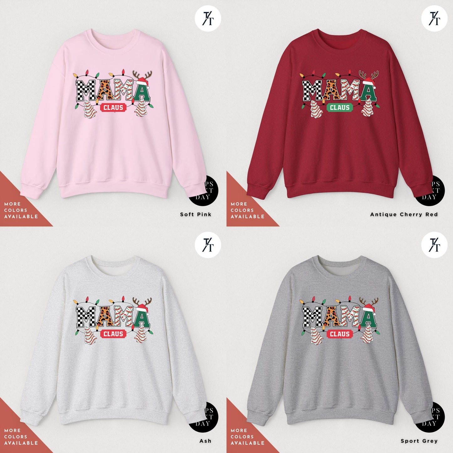 a group of sweaters with different designs on them, Mama Varsity Christmas Tree Cake Sweatshirt, mama claus christmas club Sweatshirt, Retro Xmas Mom Shirt, Gift For Mom Sweater, New Mom Gift