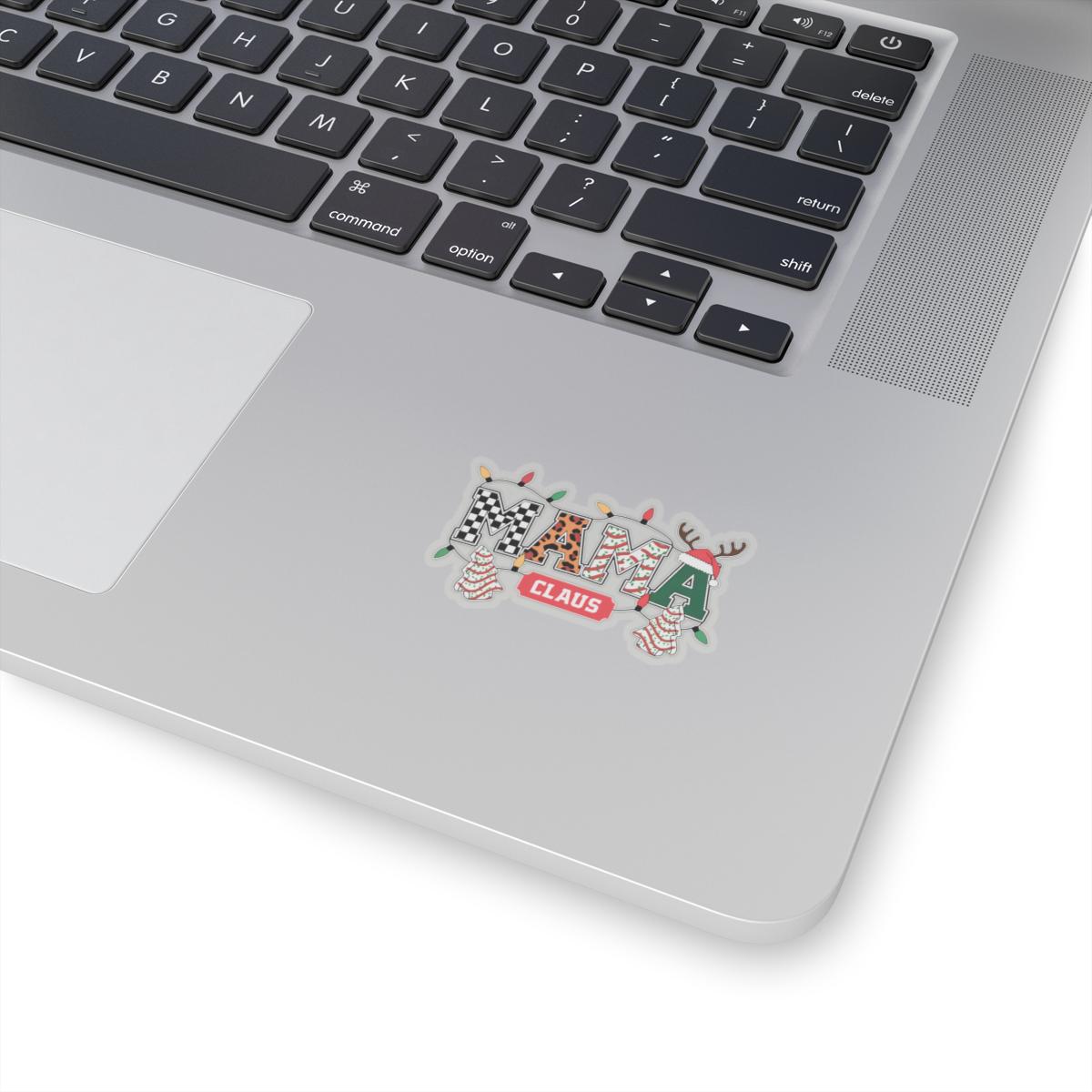 a laptop computer with a sticker on the keyboard, Varsity Mama Claus Sticker, mama claus christmas decal, Funny Design, Christmas Joke, Mummy, Mother Gift Wife, Momlife Mom Life