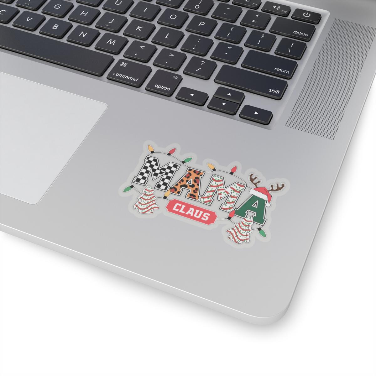 a laptop computer with a sticker on the keyboard, Varsity Mama Claus Sticker, mama claus christmas decal, Funny Design, Christmas Joke, Mummy, Mother Gift Wife, Momlife Mom Life